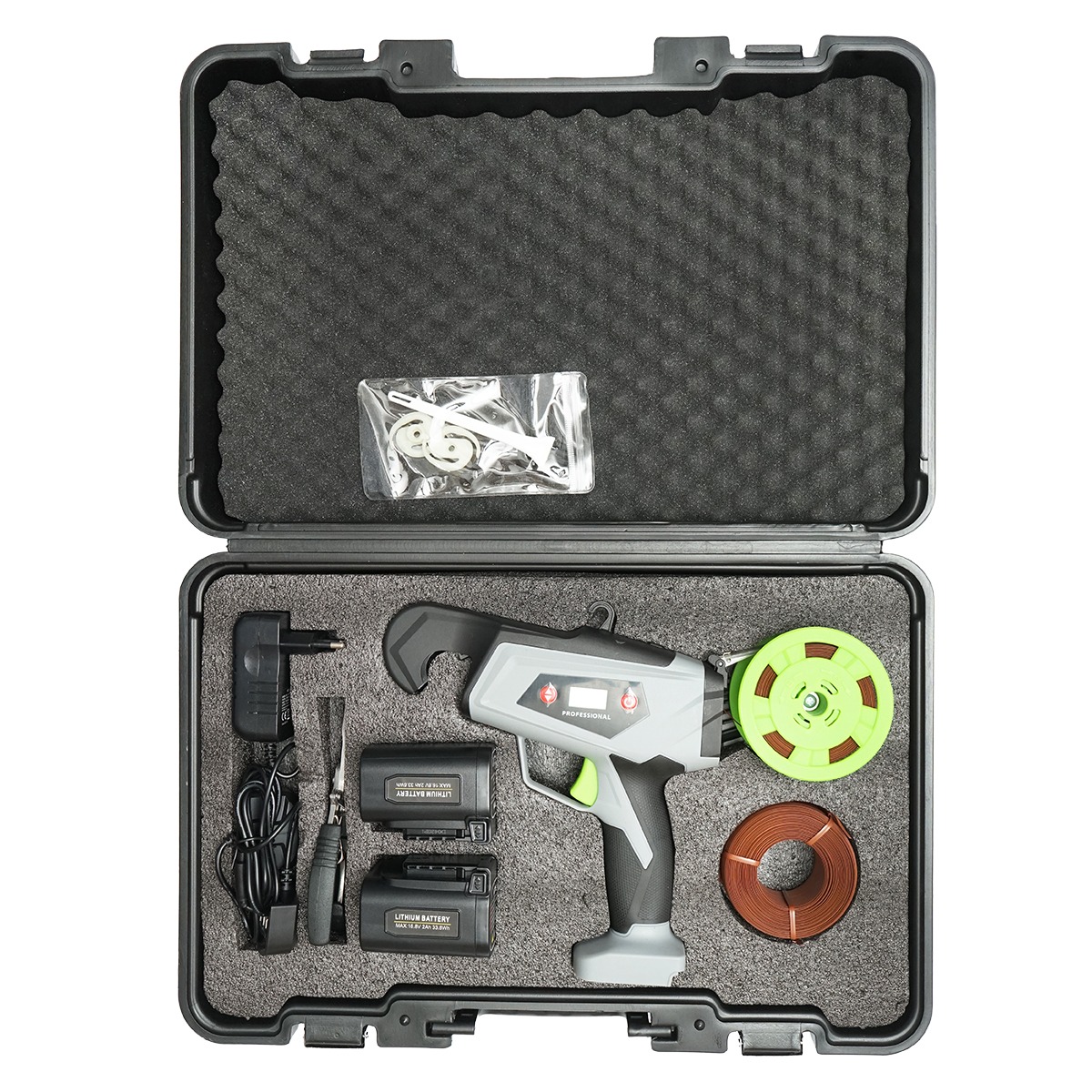 Aparat automat legat vita de vie/legume/pomi 60W, Li-Ion 16.8V 2Ah, diametru legare 25mm, 2 acumulatori, incarcator 220V, valiza plastic