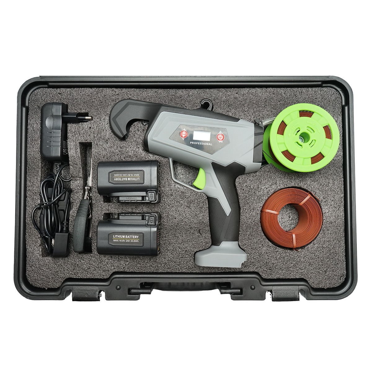 Aparat automat legat vita de vie/legume/pomi 60W, Li-Ion 16.8V 2Ah, diametru legare 25mm, 2 acumulatori, incarcator 220V, valiza plastic