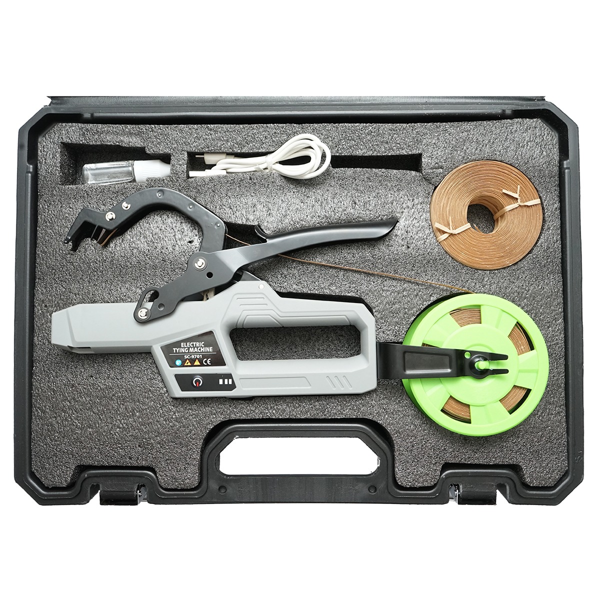 Aparat automat legat vita de vie, legume, pomi 5W, acumulator Li-ion 4.2V 2.5Ah, diametru legare 45mm, incarcare 2-3 ore, 0.55 kg, set cu rola banda si valiza