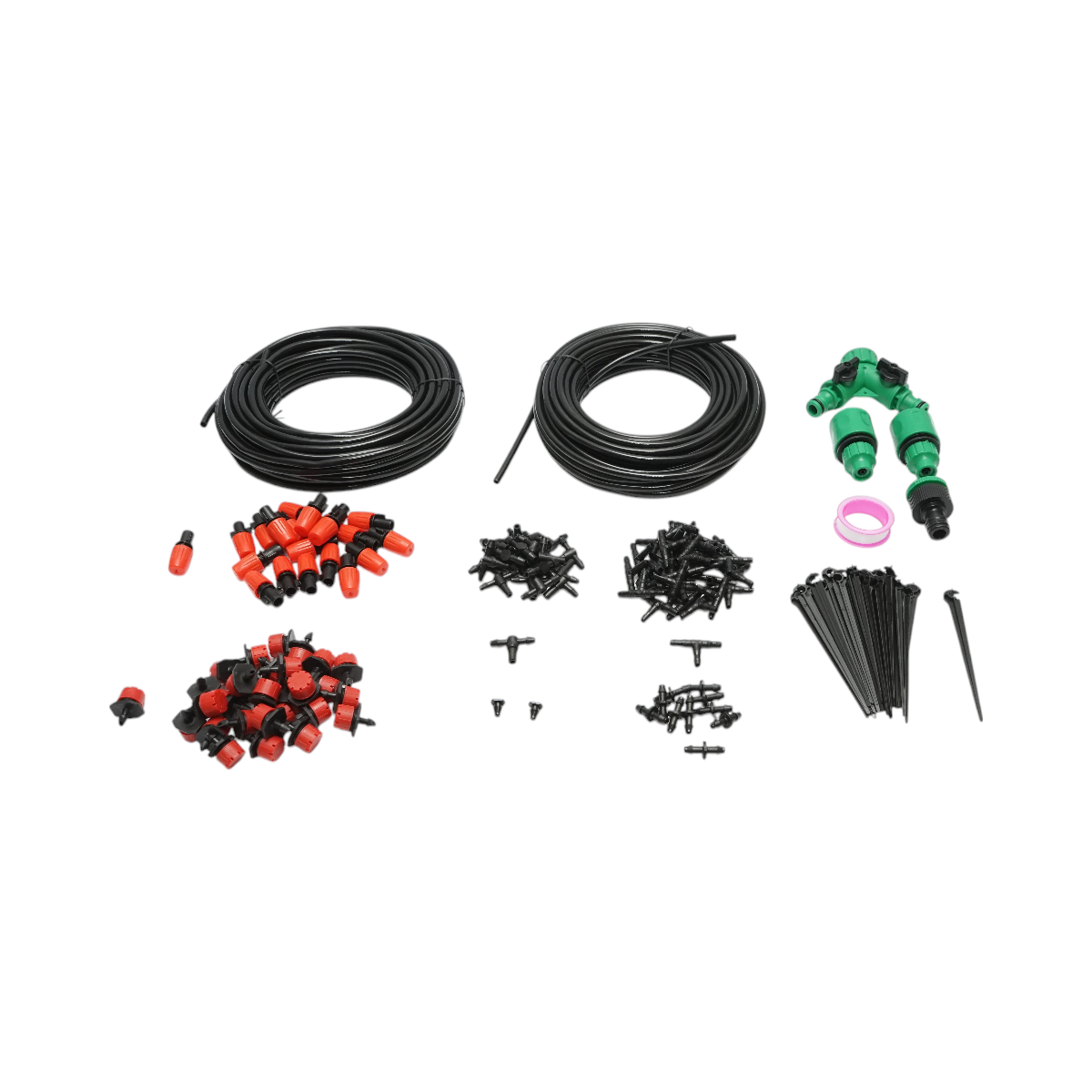 Kit complet irigare prin picurare si pulverizare 149 piese cu furtun 1/4 30m (2x15m) 4/6mm, duze picurare reglabile si pulverizare tip ceata, conectori T, tepi fixare, adaptor filet 3/4 si banda teflon