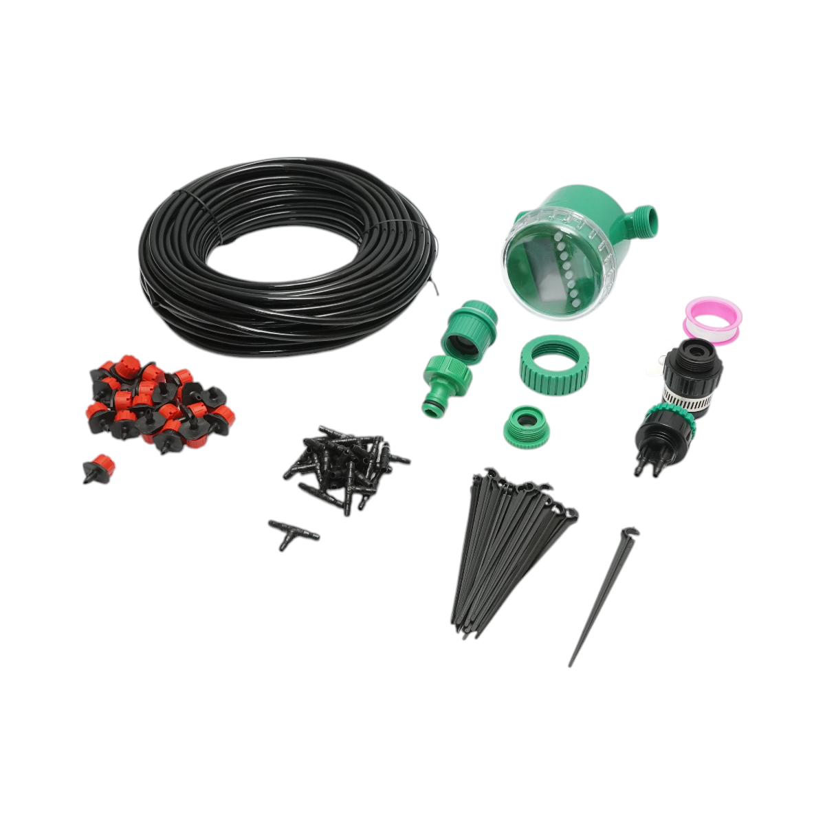 Kit complet irigare prin picurare 66 piese: furtun 1/4" PE 41m (4/6mm), temporizator electronic, 20 duze reglabile, 18 racorduri T, 20 tepuse fixare, adaptoare 3/4" si distribuitor dublu, banda teflon