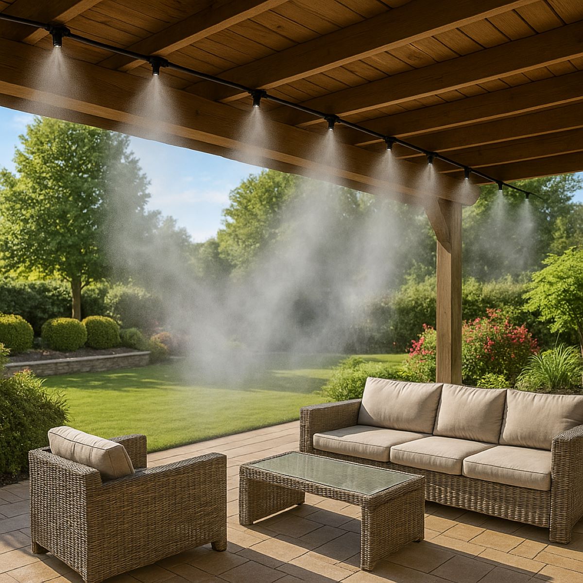 Kit complet pulverizare apa tip ceata 65 piese pentru terasa si gradina, furtun PE flexibil 20m 1/4 inch (4/6mm), 20 duze alama, racorduri, conector T rapid, adaptor robinet, banda teflon, dop capat, coliere