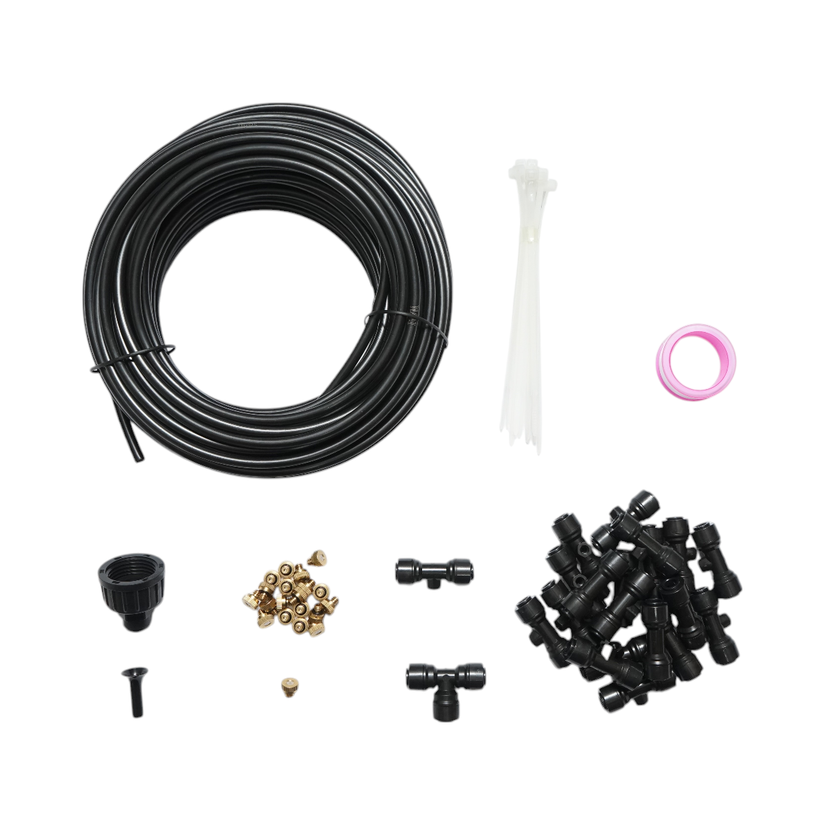 Kit complet pulverizare apa tip ceata 65 piese pentru terasa si gradina, furtun PE flexibil 20m 1/4 inch (4/6mm), 20 duze alama, racorduri, conector T rapid, adaptor robinet, banda teflon, dop capat, coliere