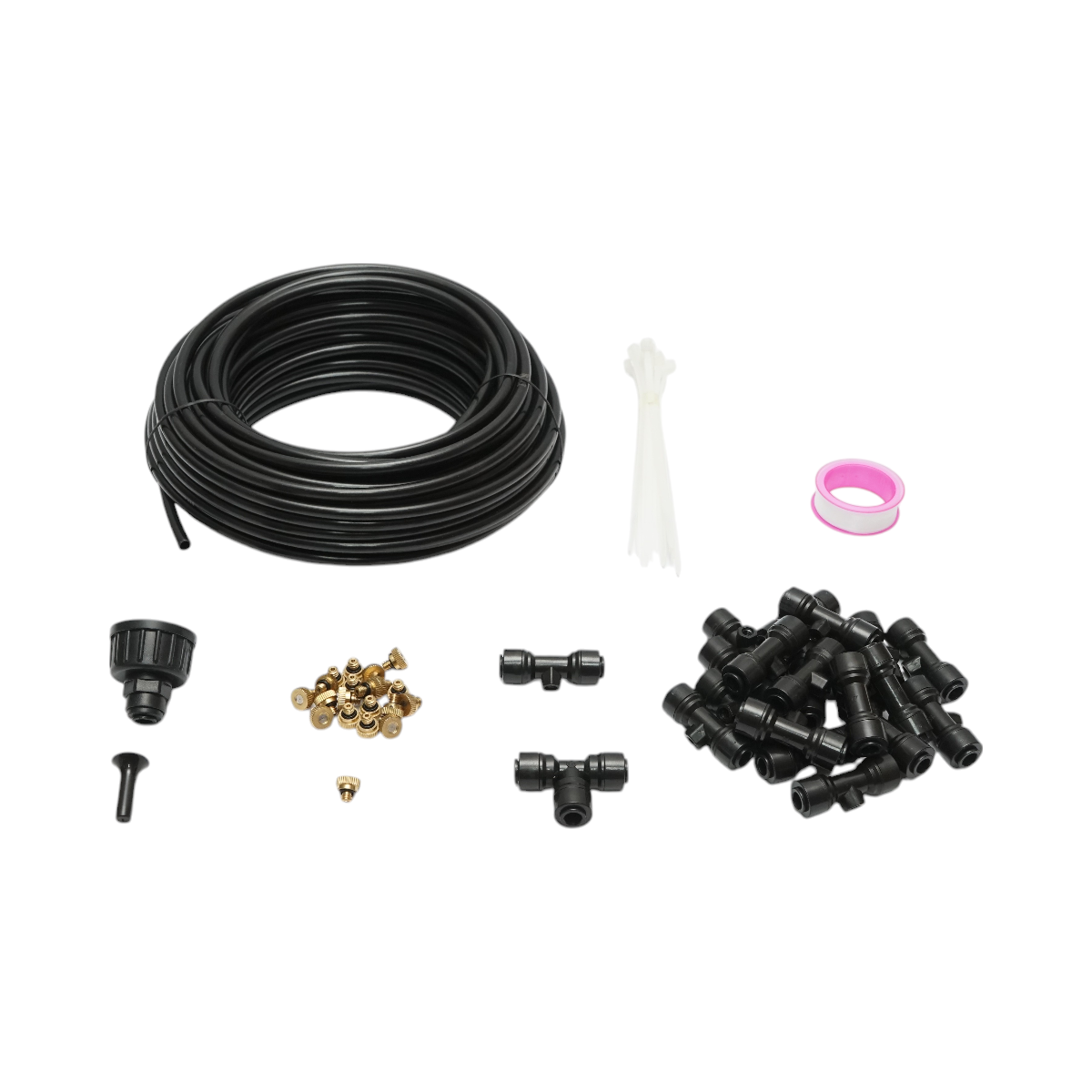 Kit complet pulverizare apa tip ceata 65 piese pentru terasa si gradina, furtun PE flexibil 20m 1/4 inch (4/6mm), 20 duze alama, racorduri, conector T rapid, adaptor robinet, banda teflon, dop capat, coliere