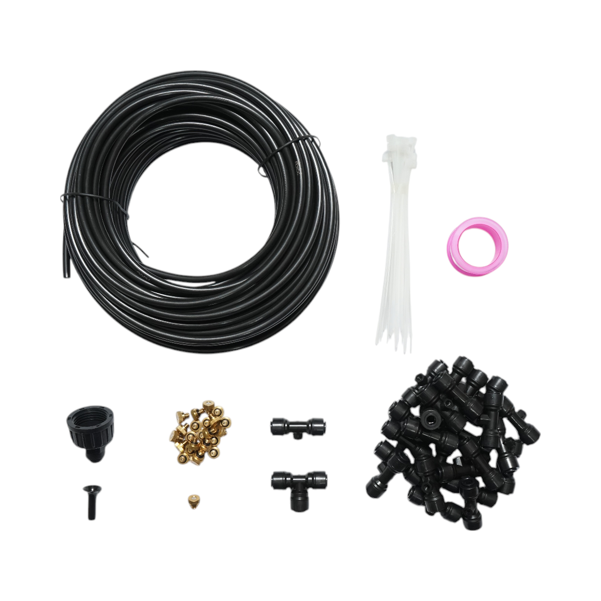 Kit complet pulverizare apa tip ceata pentru terasa si gradina, furtun irigare 25m 1/4 (4/6mm) tub PE, 25 duze ALAMA, 25 racorduri, conector T, adaptor robinet, banda teflon, dop capat, coliere plastic - 80 piese