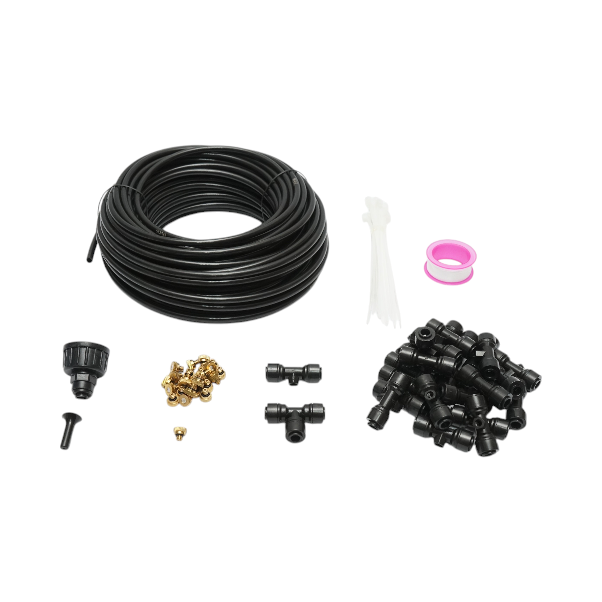 Kit complet pulverizare apa tip ceata pentru terasa si gradina, furtun irigare 25m 1/4 (4/6mm) tub PE, 25 duze ALAMA, 25 racorduri, conector T, adaptor robinet, banda teflon, dop capat, coliere plastic - 80 piese