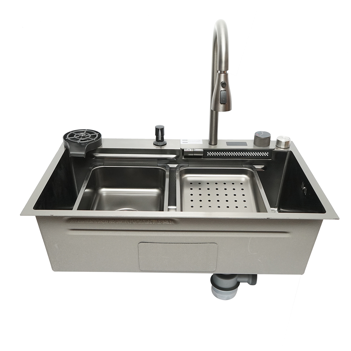 Chiuveta bucatarie multifunctionala din otel inoxidabil 75x46x23.5 cm cu afisaj digital temperatura, functie cascada, baterie cu contragreutate, spalator pahare, dozator sapun, scurgator, tava resturi, tocator, sifon si accesorii scurgere