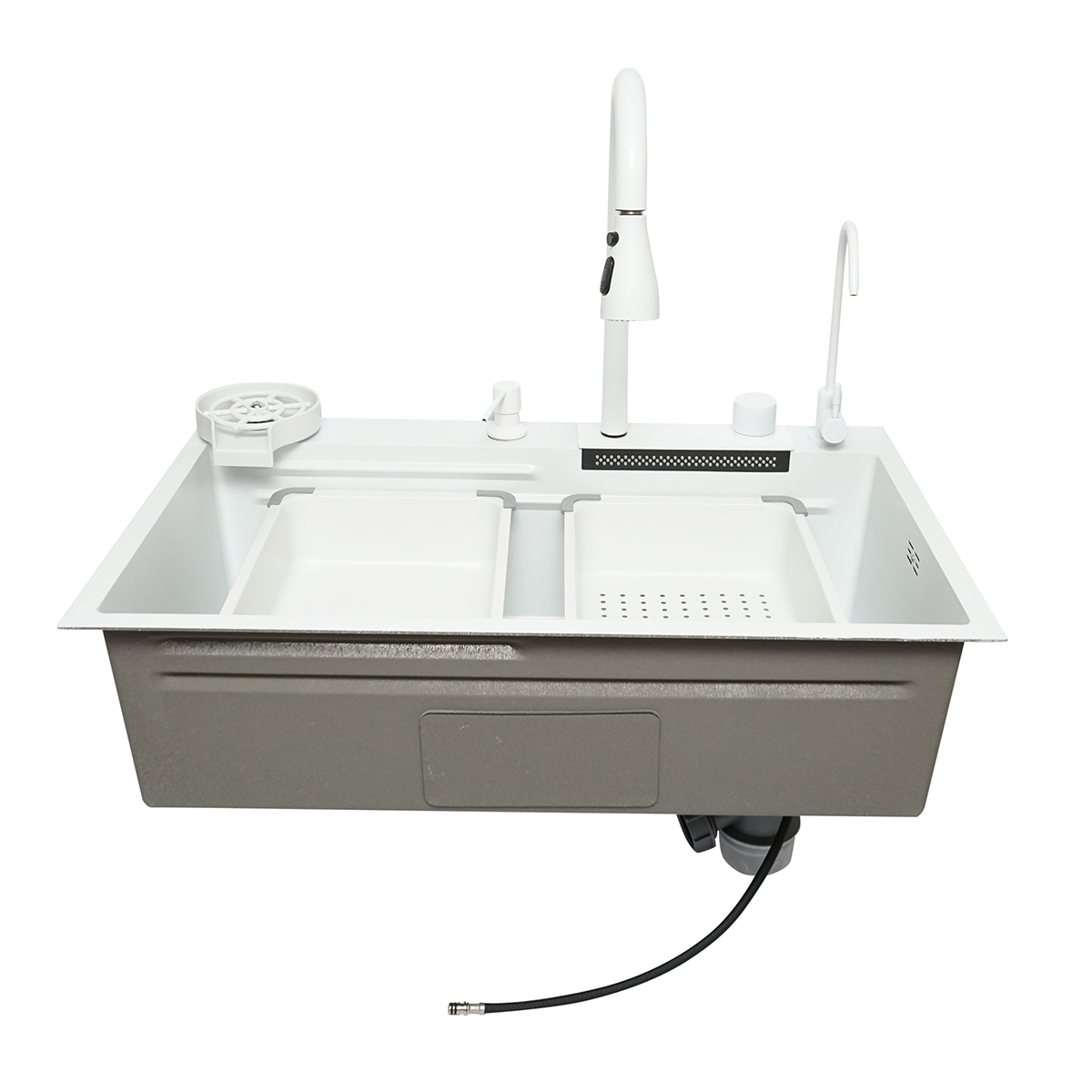 Chiuveta bucatarie multifunctionala din otel inoxidabil cu doua baterii, functie cascada, spalator pahare, dozator sapun, scurgator, tava, tocator si accesorii scurgere incluse, dimensiune 75x46x23.5cm