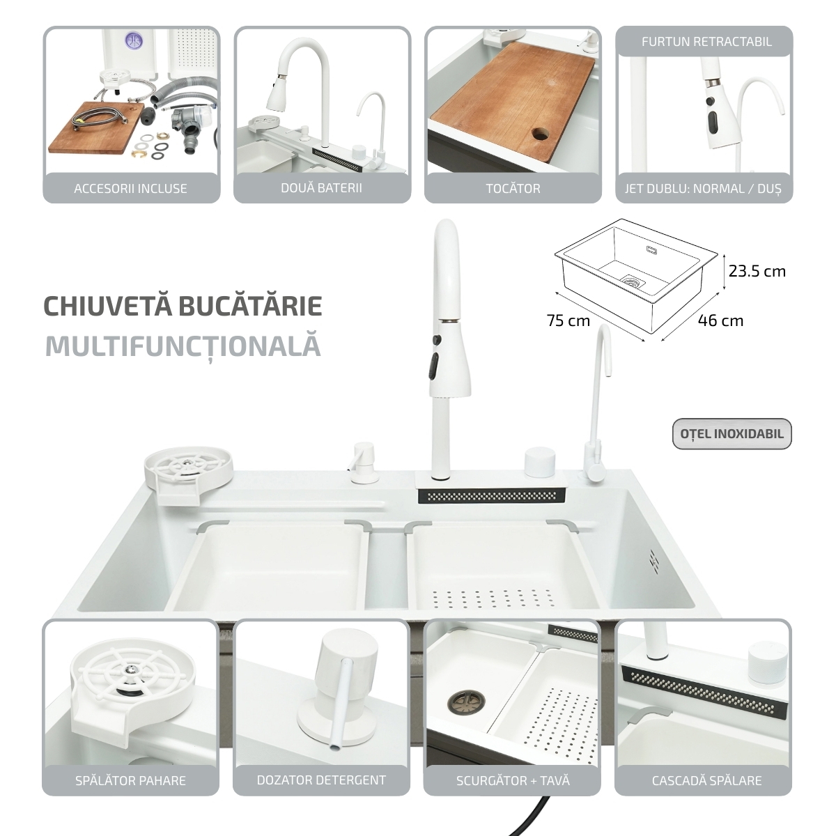 Chiuveta bucatarie multifunctionala din Otel inoxidabil 75x46x23.5 cm cu 2 baterii, functie cascada, spalator pahare, dozator sapun, scurgator legume/fructe, tava resturi, tocator, sifon si accesorii scurgere incluse