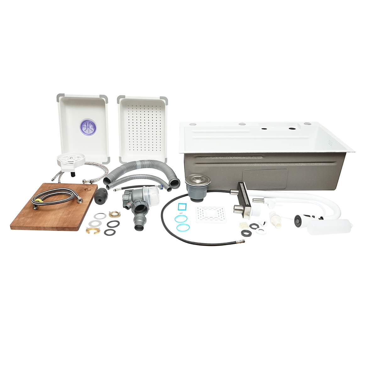 Chiuveta bucatarie multifunctionala din Otel inoxidabil 75x46x23.5 cm cu 2 baterii, functie cascada, spalator pahare, dozator sapun, scurgator legume/fructe, tava resturi, tocator, sifon si accesorii scurgere incluse