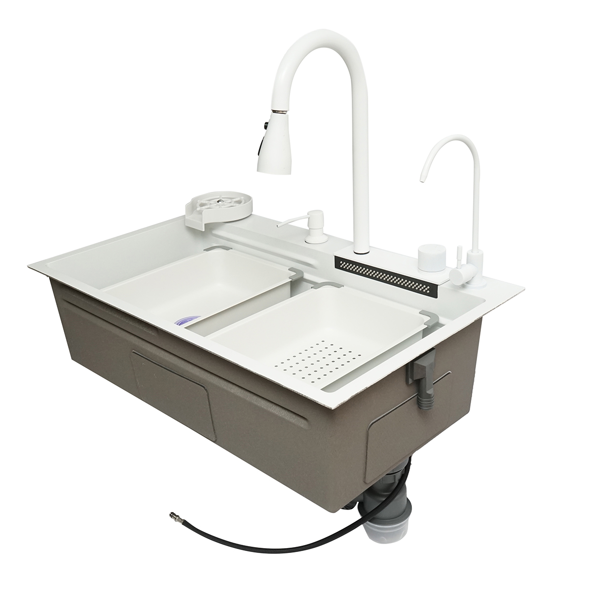 Chiuveta bucatarie multifunctionala din Otel inoxidabil 75x46x23.5 cm cu 2 baterii, functie cascada, spalator pahare, dozator sapun, scurgator legume/fructe, tava resturi, tocator, sifon si accesorii scurgere incluse