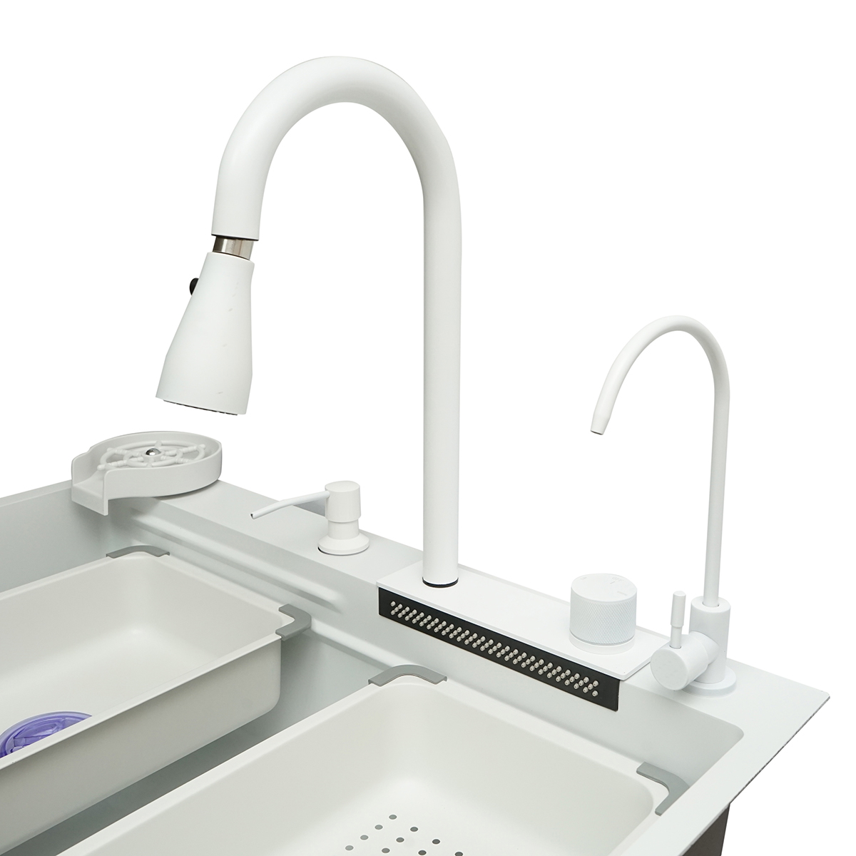 Chiuveta bucatarie multifunctionala din Otel inoxidabil 75x46x23.5 cm cu 2 baterii, functie cascada, spalator pahare, dozator sapun, scurgator legume/fructe, tava resturi, tocator, sifon si accesorii scurgere incluse