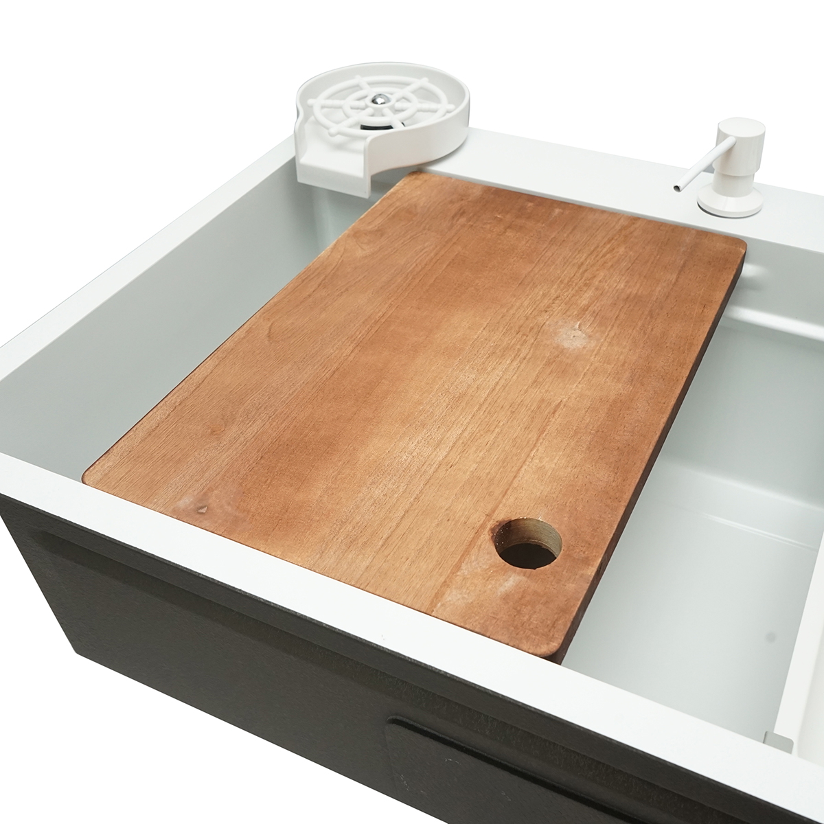 Chiuveta bucatarie multifunctionala din Otel inoxidabil 75x46x23.5 cm cu 2 baterii, functie cascada, spalator pahare, dozator sapun, scurgator legume/fructe, tava resturi, tocator, sifon si accesorii scurgere incluse