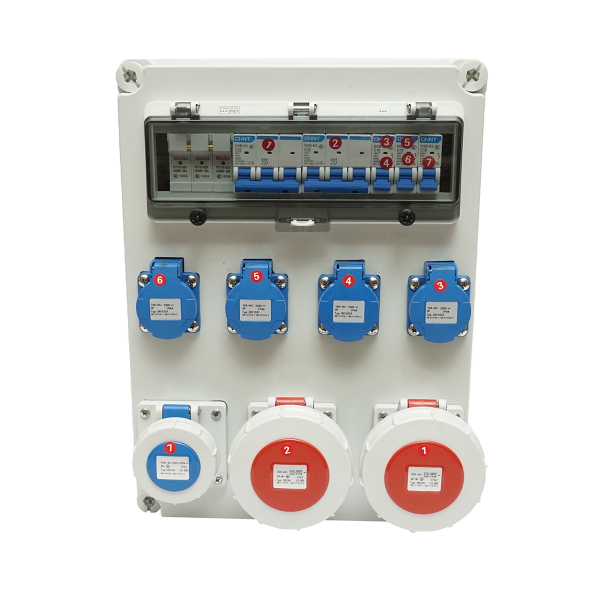 Tablou grup prize organizare santier 4x230V/16A, 2x400V/32A, 1x250V/16A, 12 module 400x300x186mm IP67 SUNTREE