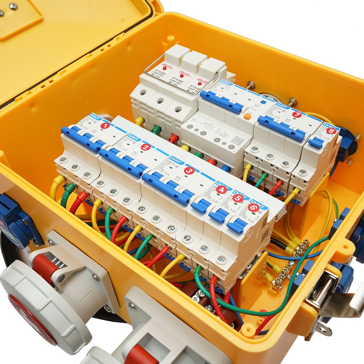 Tablou grup prize organizare santier portabil 2x415V/16A, 4x230V/16A, 1x415V/32A, 1x415V/63A, 370x340x330mm IP44/67 SUNTREE