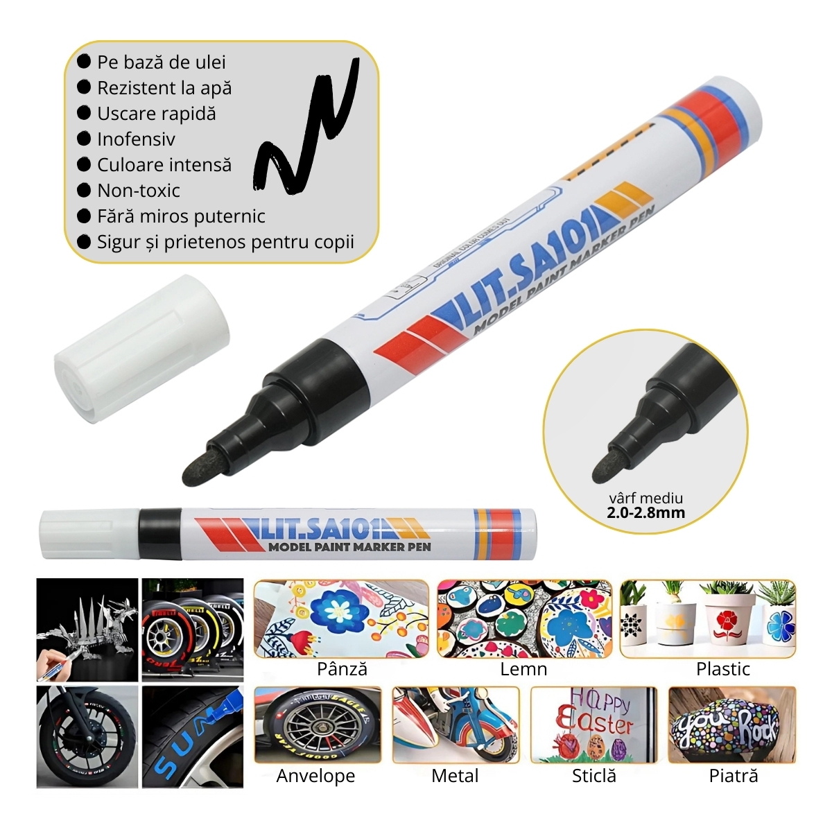 SET 12 buc. Marker vopsea negru pe baza de ulei, impermeabil, uscare rapida