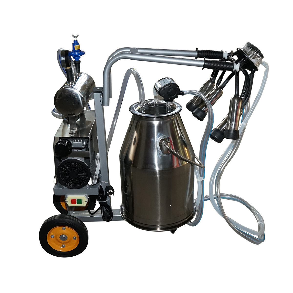 Aparat de muls vaci 1 post 650W, bidon inox 25L, grup de muls 4 mansoane, presiune vid 45-50 kPa, pulsatii 60-80 cpm, 220-240V 50Hz, 30.9 Kg