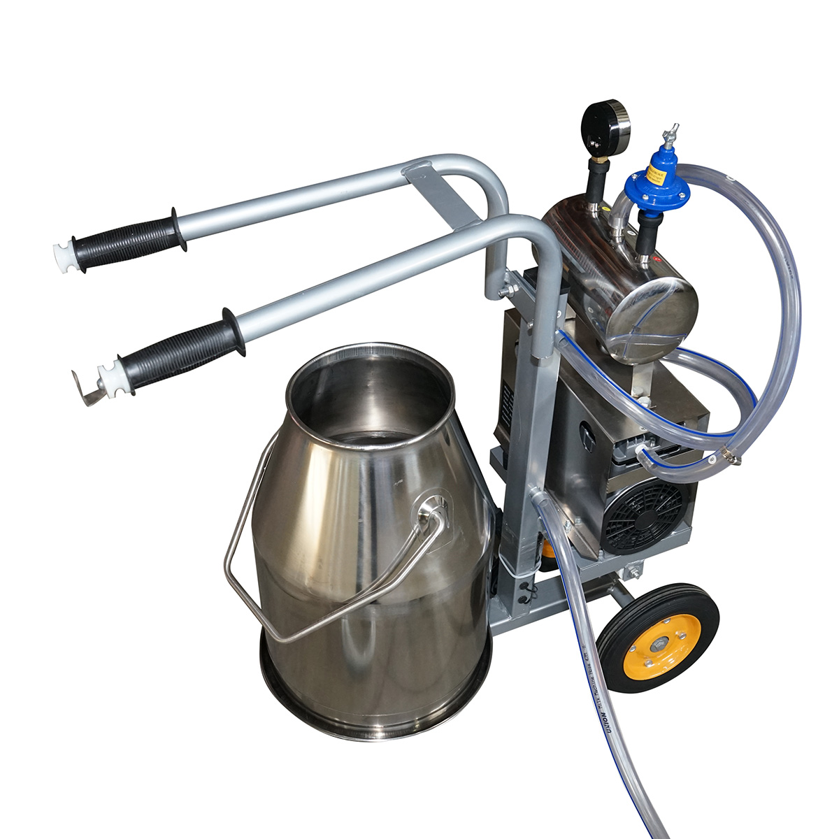 Aparat de muls vaci 1 post 650W, bidon inox 25L, grup de muls 4 mansoane, presiune vid 45-50 kPa, pulsatii 60-80 cpm, 220-240V 50Hz, 30.9 Kg