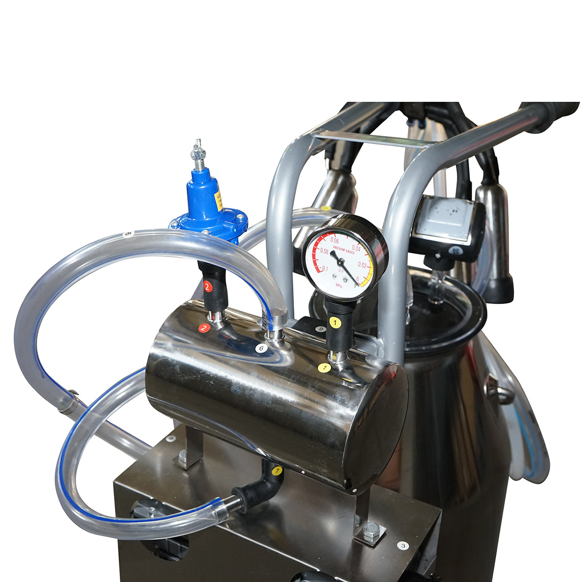 Aparat de muls vaci 1 post 650W, bidon inox 25L, grup de muls 4 mansoane, presiune vid 45-50 kPa, pulsatii 60-80 cpm, 220-240V 50Hz, 30.9 Kg