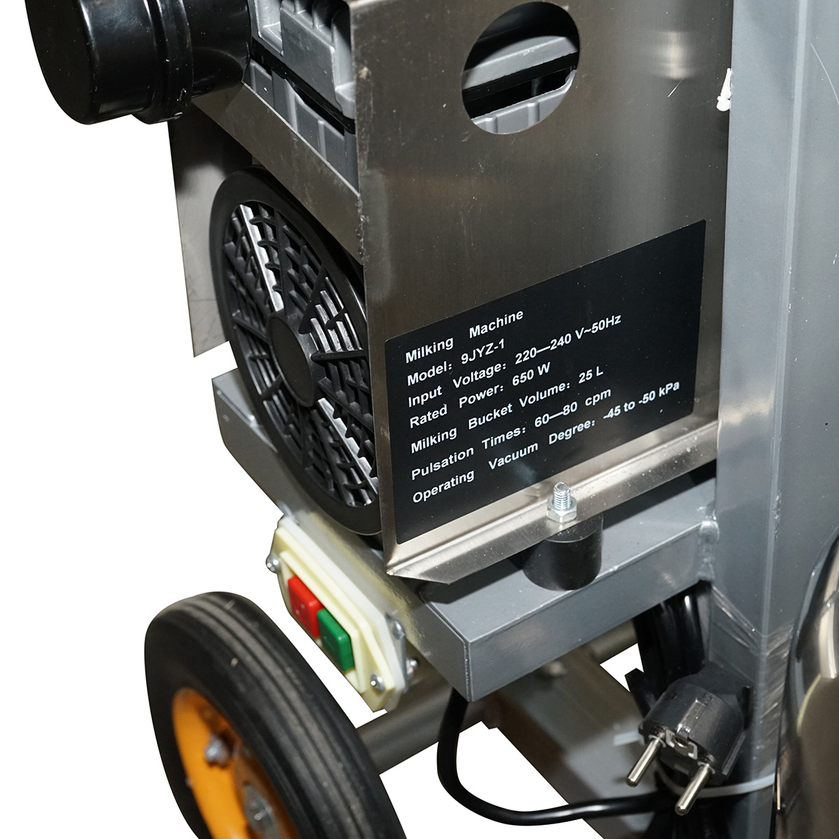 Aparat de muls vaci 1 post 650W, bidon inox 25L, grup de muls 4 mansoane, presiune vid 45-50 kPa, pulsatii 60-80 cpm, 220-240V 50Hz, 30.9 Kg