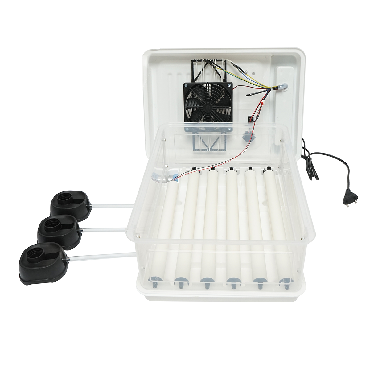 Incubator automat 30 oua 50W, 12V/220V AC-DC, rotire automata la 120 min, afisaj digital temperatura, ventilator, rezervor automat apa si control umiditate, iluminare, capac transparent