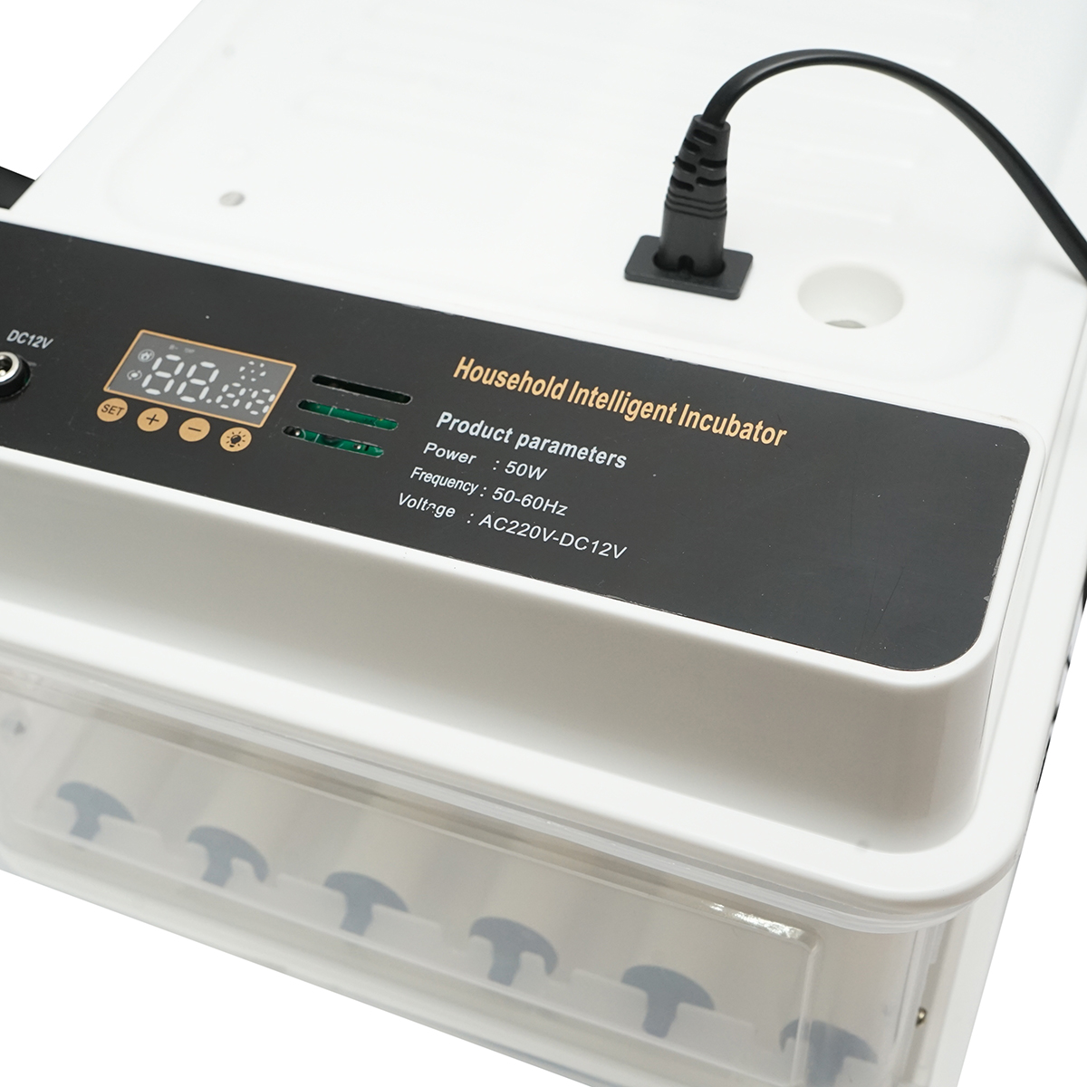 Incubator automat 30 oua 50W, 12V/220V AC-DC, rotire automata la 120 min, afisaj digital temperatura, ventilator, rezervor automat apa si control umiditate, iluminare, capac transparent