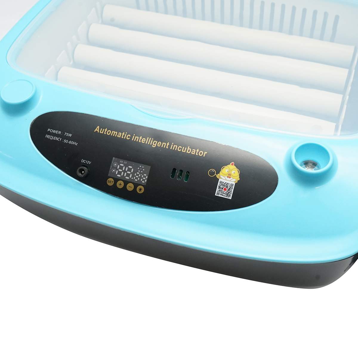 Incubator automat 24 oua 75W, 12V-220V AC220V/DC12V 50-60Hz, rotire automata la 120 min, control temperatura si umiditate, afisaj digital, rezervor automat apa, capac transparent