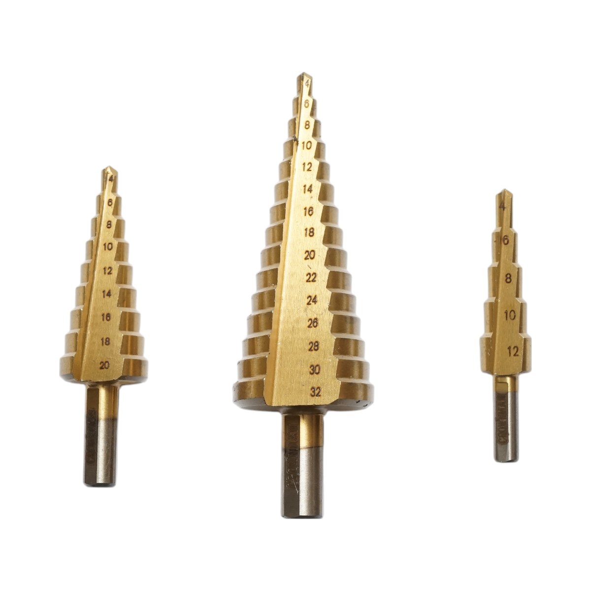 Set 3 burghie conice in trepte Otel 4241 HSS acoperit cu titan: 5 trepte 4-12 mm, 9 trepte 4-20 mm, 15 trepte 4-32 mm, pentru metal, aluminiu, lemn, plastic, alama
