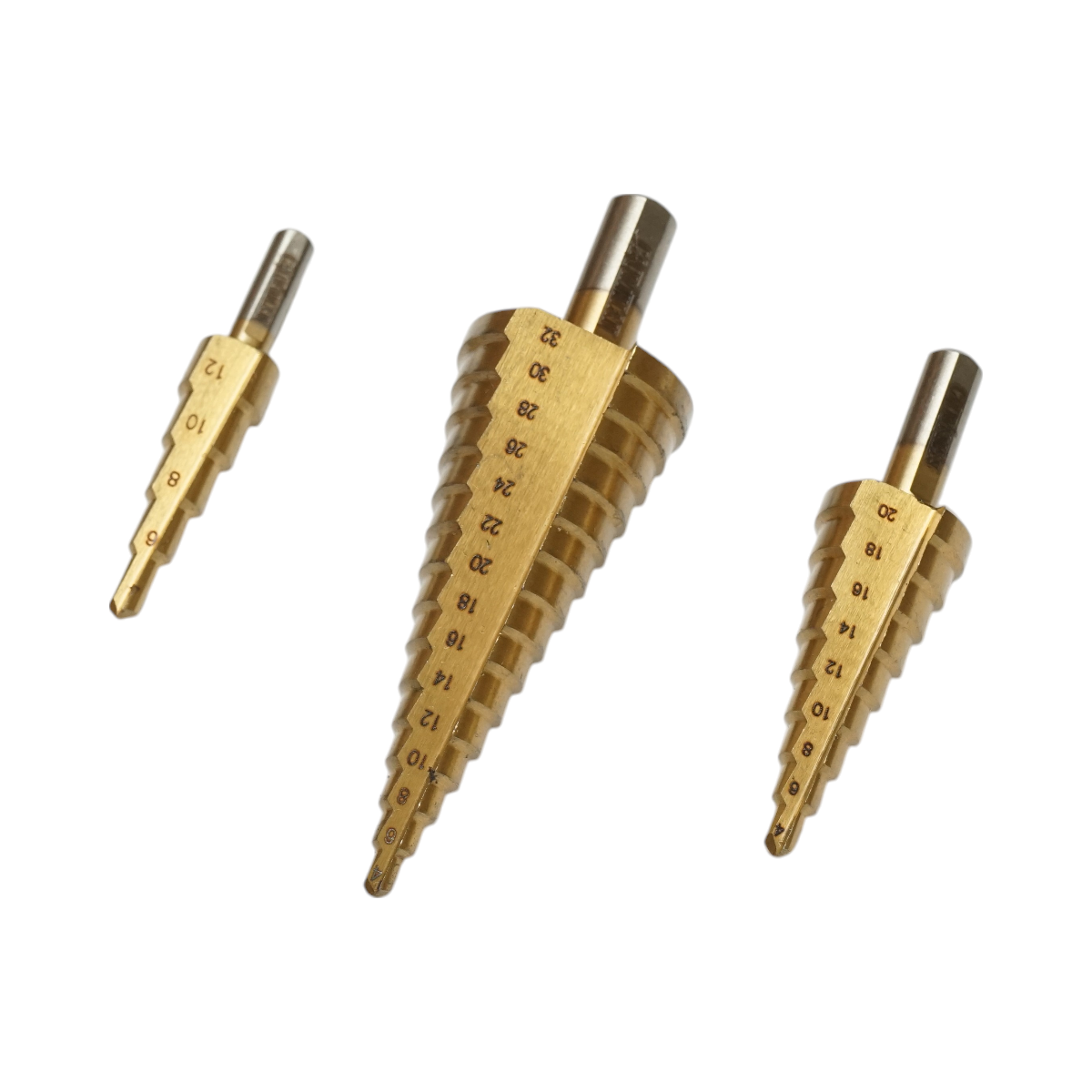 Set 3 burghie conice in trepte Otel 4241 HSS acoperit cu titan: 5 trepte 4-12 mm, 9 trepte 4-20 mm, 15 trepte 4-32 mm, pentru metal, aluminiu, lemn, plastic, alama