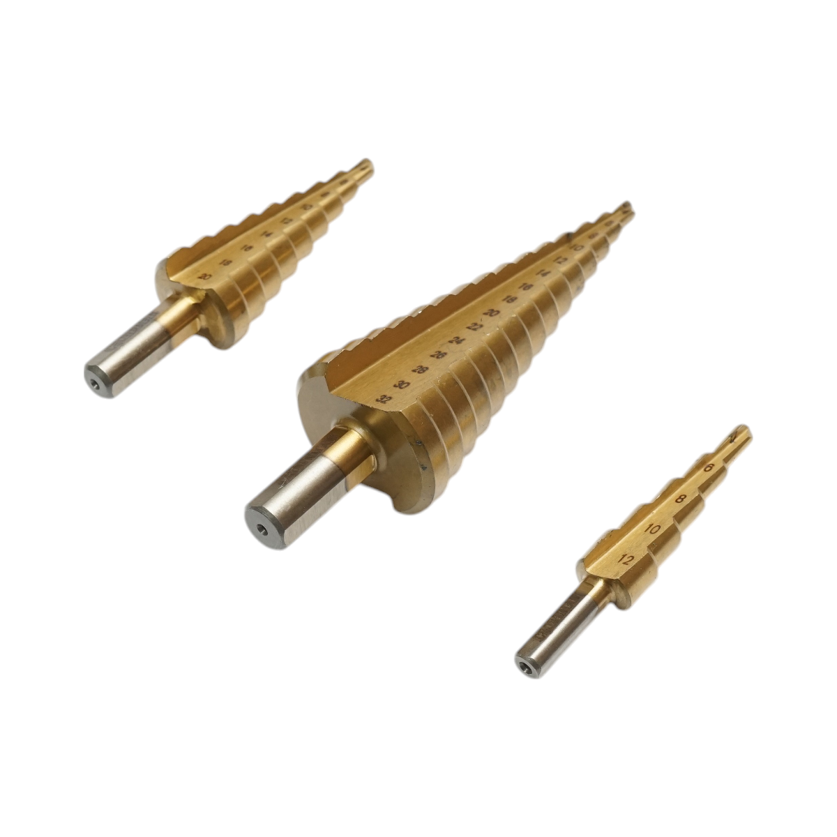 Set 3 burghie conice in trepte Otel 4241 HSS acoperit cu titan: 5 trepte 4-12 mm, 9 trepte 4-20 mm, 15 trepte 4-32 mm, pentru metal, aluminiu, lemn, plastic, alama
