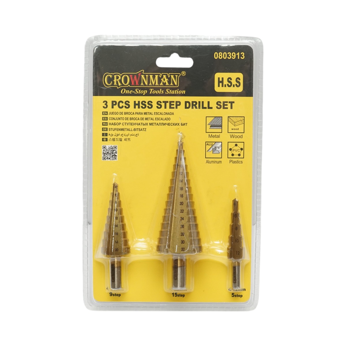 Set 3 burghie conice in trepte Otel 4241 HSS acoperit cu titan: 5 trepte 4-12 mm, 9 trepte 4-20 mm, 15 trepte 4-32 mm, pentru metal, aluminiu, lemn, plastic, alama