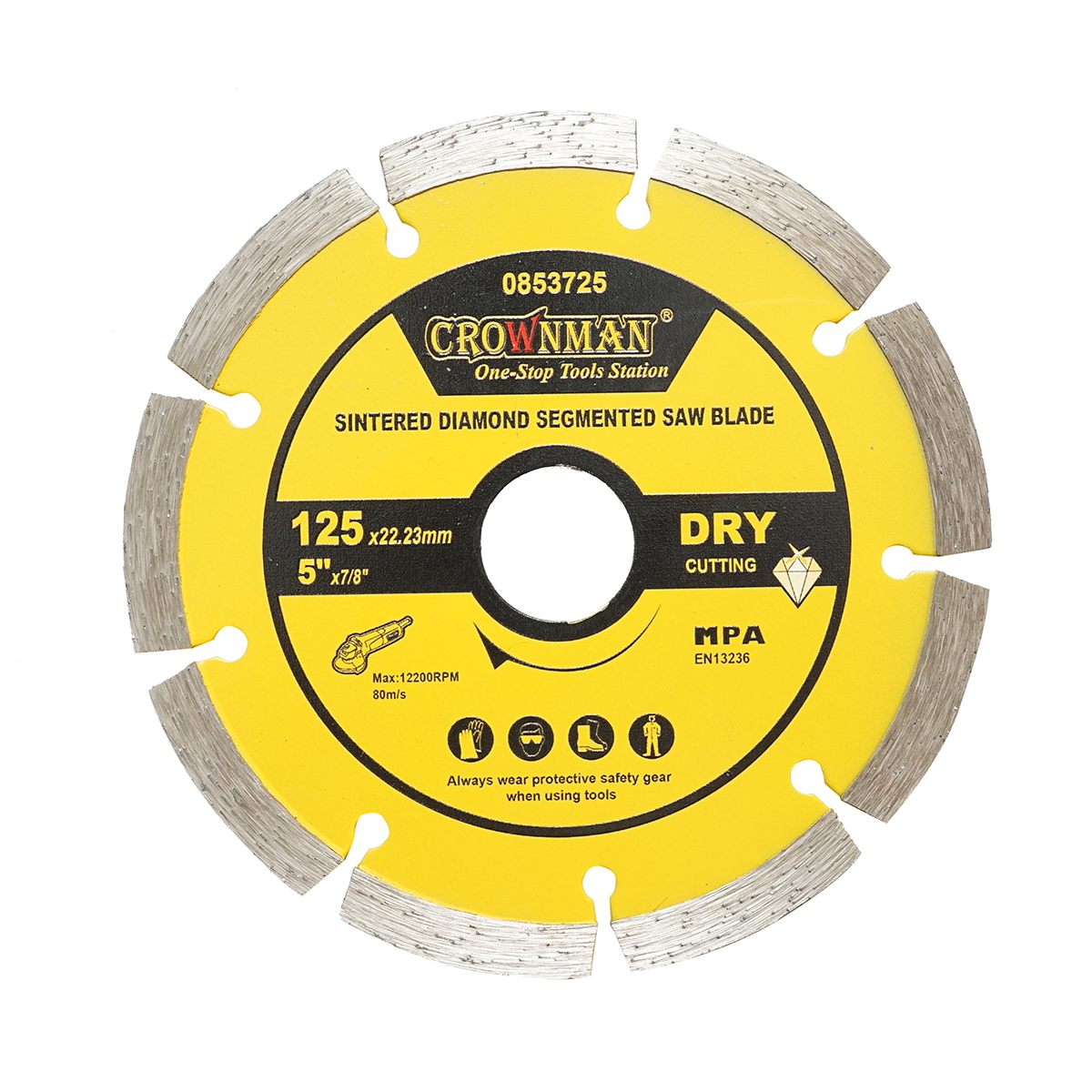 Disc diamantat segmentat 125x22.23mm, viteza max. 12200rpm, taiere uscata pentru beton, piatra, granit, marmura Crownman