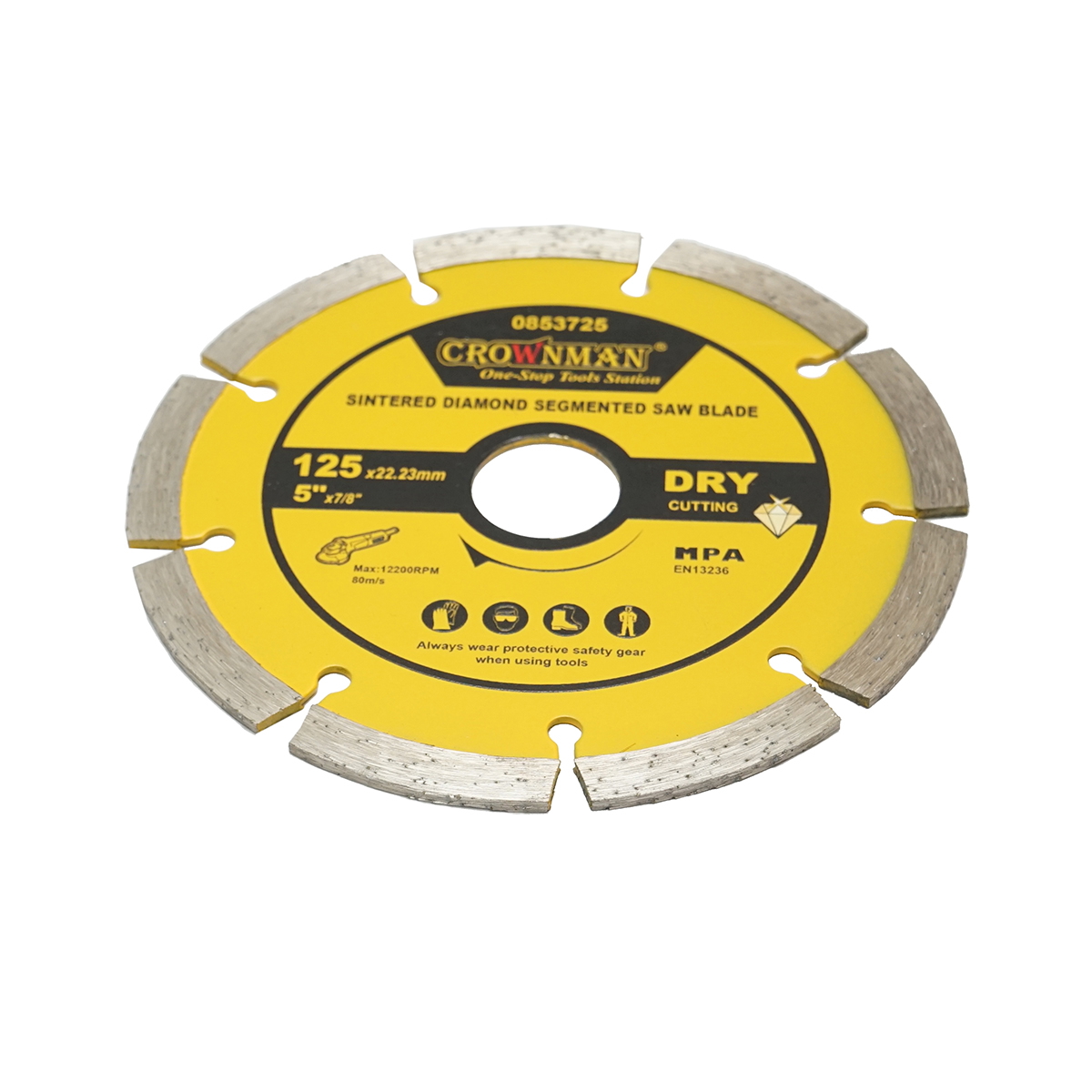 Disc diamantat segmentat CROWNMAN 125x22.23 mm, taiere uscata, viteza max 12200 RPM (80 m/s) pentru beton, piatra, caramida, granit, marmura