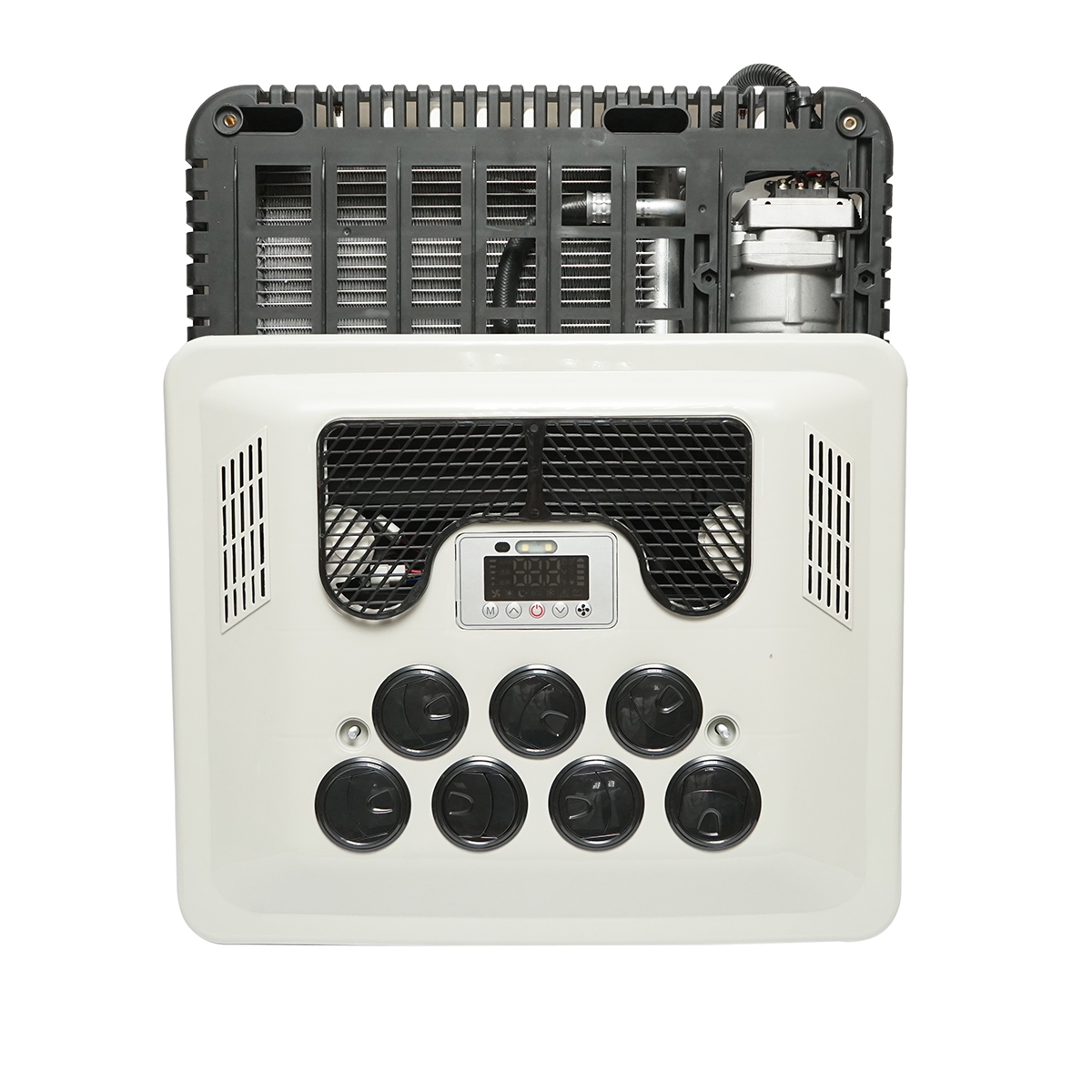 Clima stationara utilaje industriale AC universala 24V, 2300W (7850 BTU), telecomanda, R134a 380 ml, consum 1000W, 40A, debit aer 360 m3/h, decupaj 310x236 mm, 21.4 kg