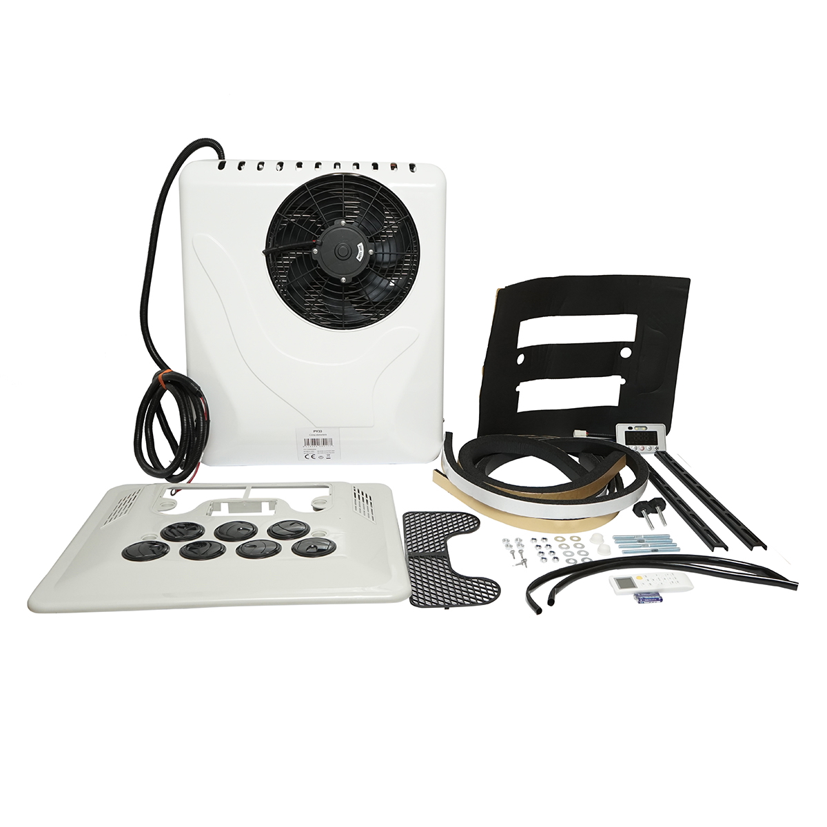 Clima stationara utilaje industriale AC universala 24V, 2300W (7850 BTU), telecomanda, R134a 380 ml, consum 1000W, 40A, debit aer 360 m3/h, decupaj 310x236 mm, 21.4 kg