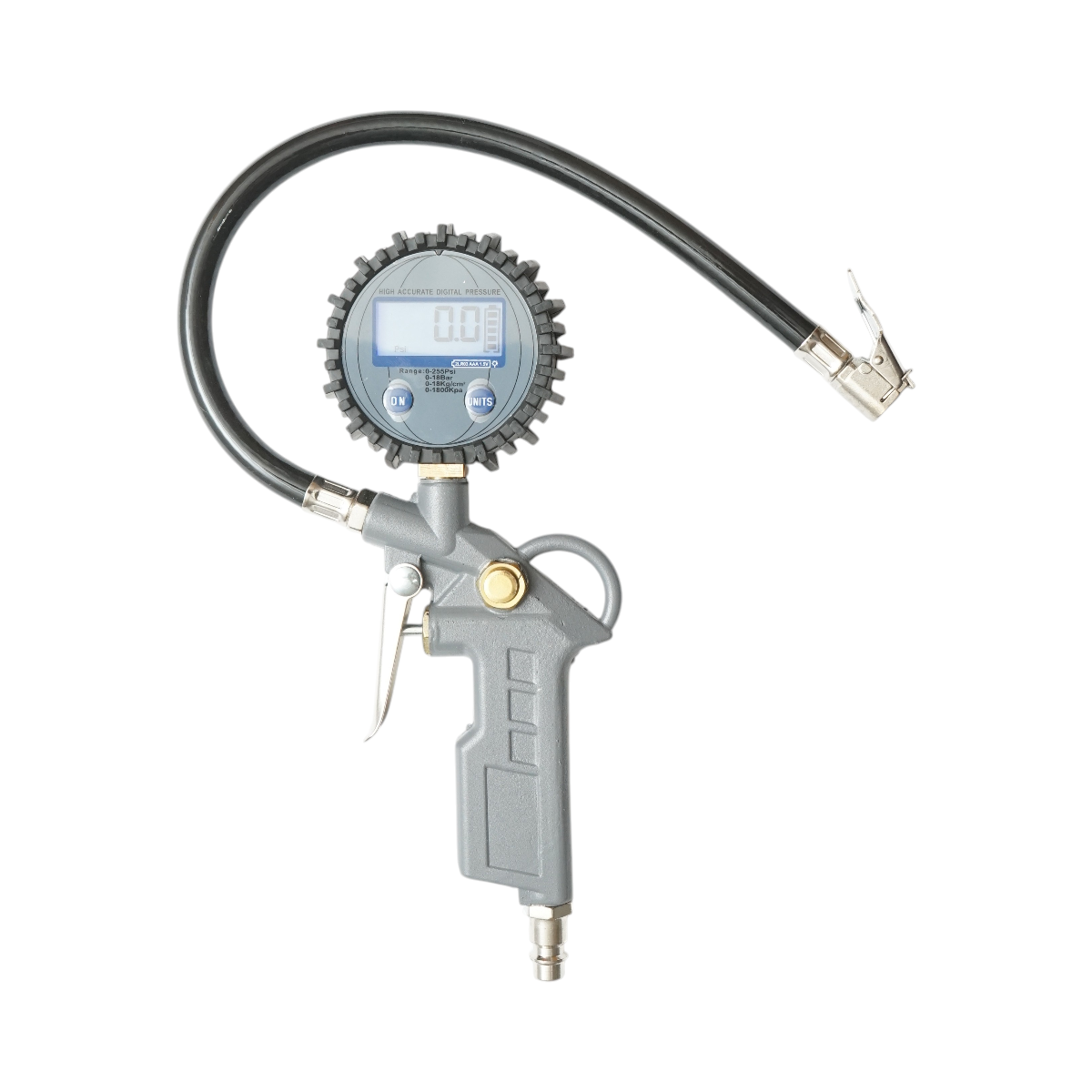 Pistol umflat roti profesional cu furtun si manometru digital LCD, 0-18 bar, racord aer 1/4, alimentare 2x AAA 1.5V (nu incluse), unitati PSI/Bar/Kg/cm2/KPa