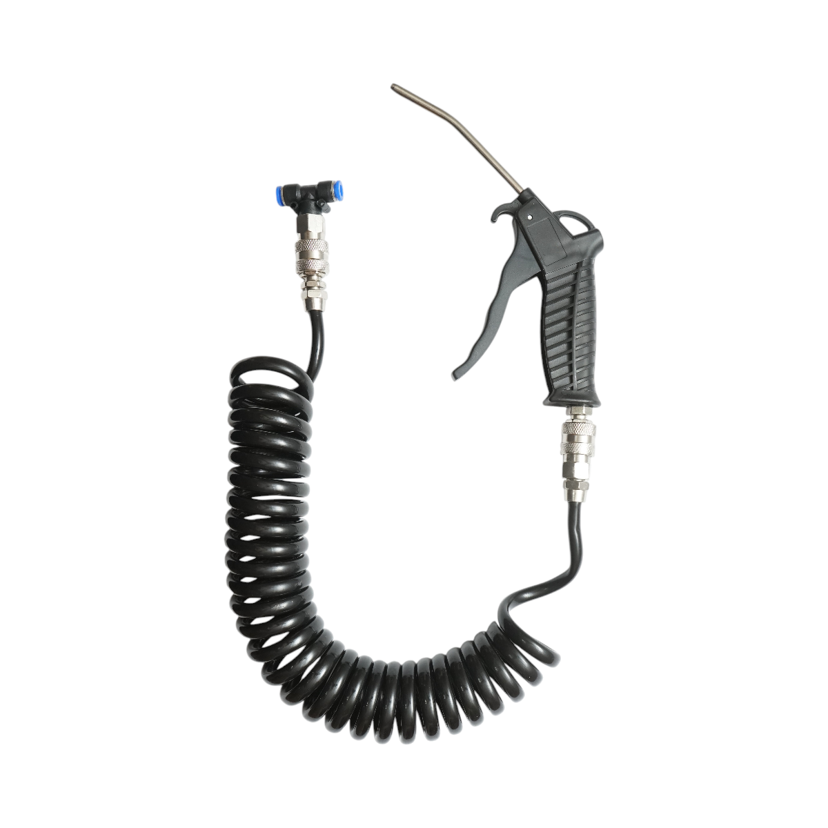 Pistol suflat aer comprimat 120 mm cu furtun spiralat PU (Poliuretan) 5 m, mufa rapida tip T, cupla rapida pistol mama cu valva