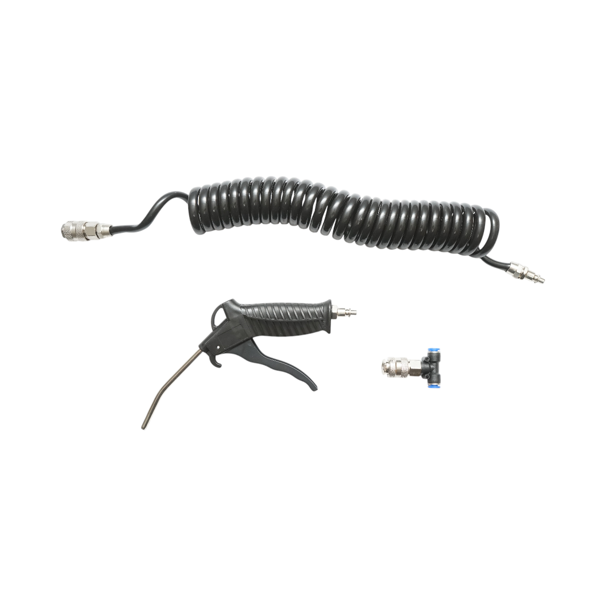 Pistol suflat aer comprimat 120 mm cu furtun spiralat PU (Poliuretan) 5 m, mufa rapida tip T, cupla rapida pistol mama cu valva