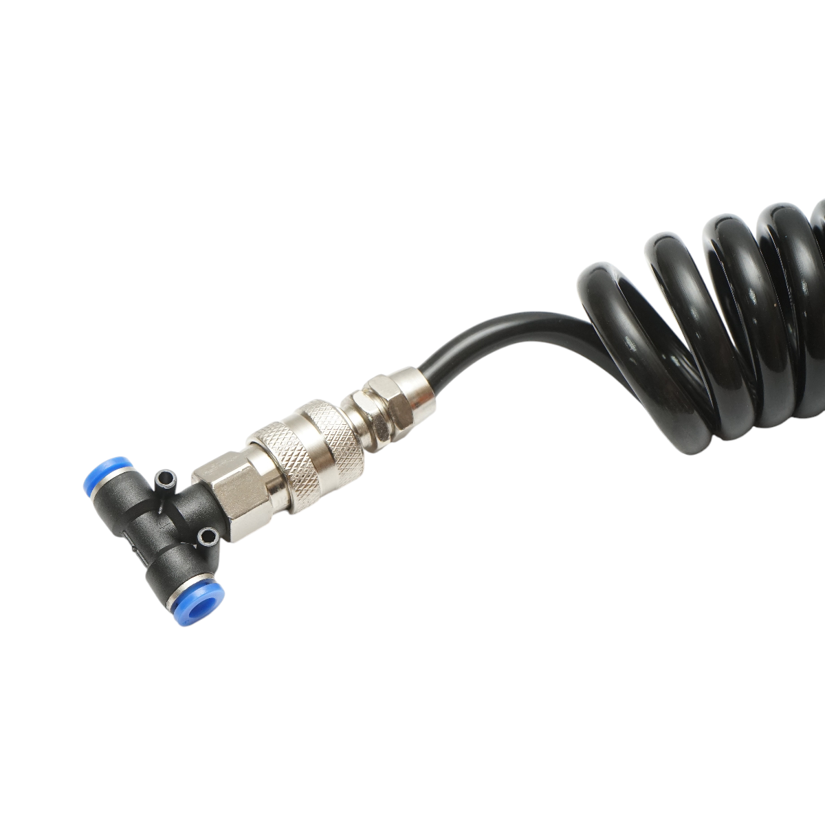 Pistol suflat aer comprimat 120 mm cu furtun spiralat PU (Poliuretan) 5 m, mufa rapida tip T, cupla rapida pistol mama cu valva