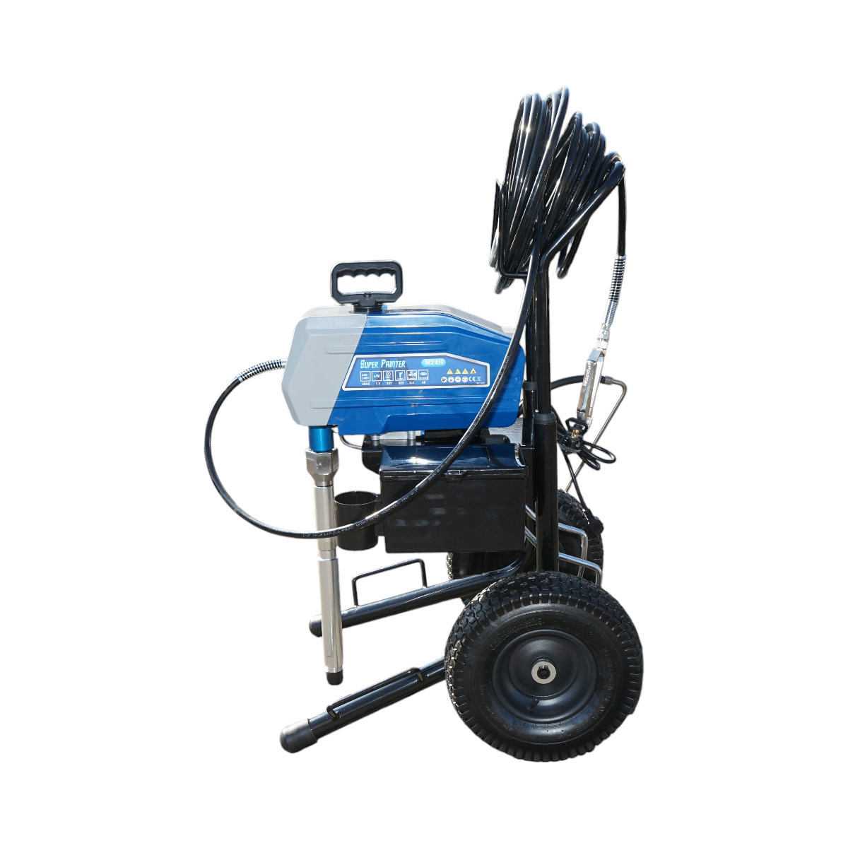 Pompa de vopsit airless Super Painter M24H cu piston, motor Brushless 1.3 kW, 220-240V, 2.4 L/min, duza 517 (0.017), presiune 227 bar, furtun 15 m, carucior inalt