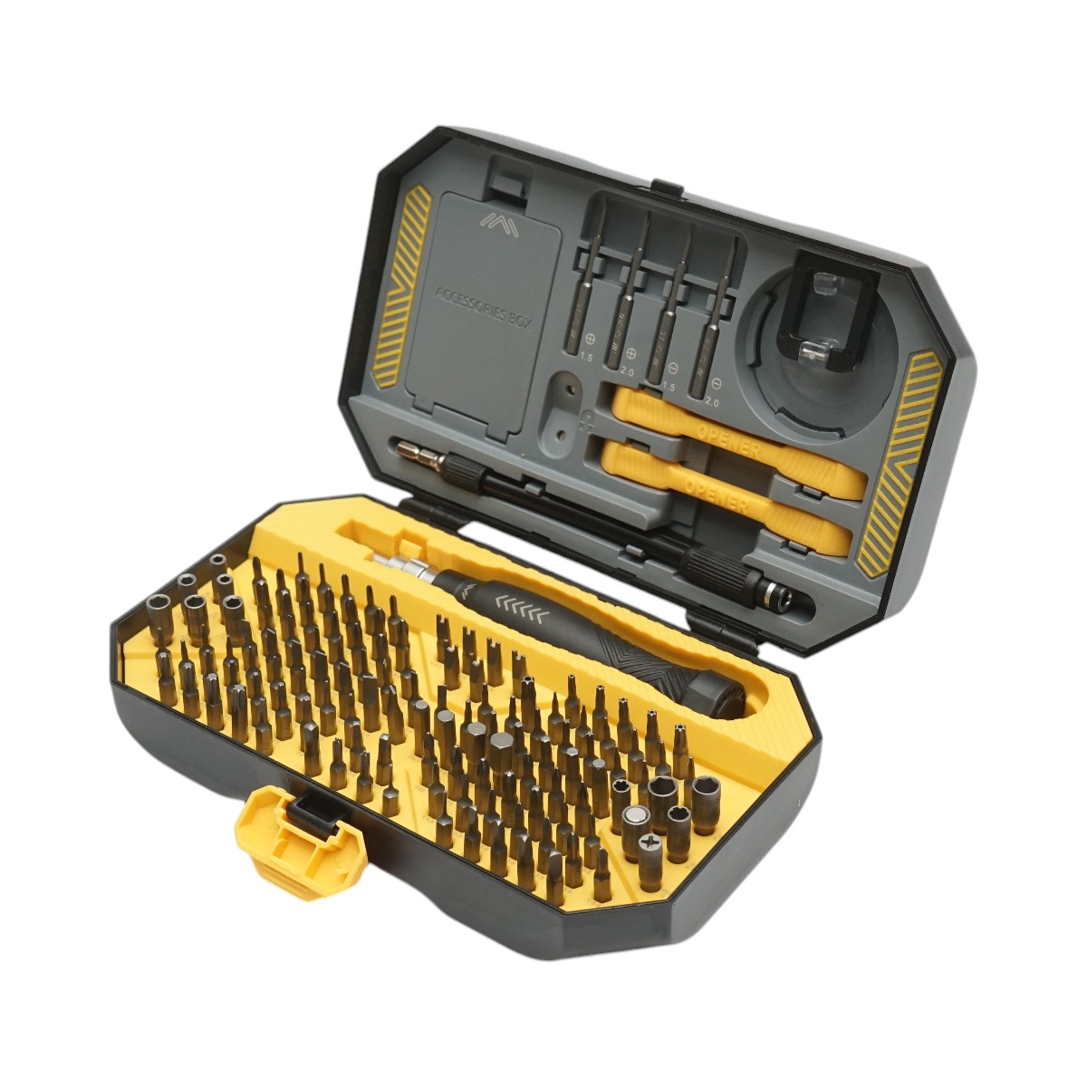 Trusa surubelnite de precizie pentru electronice 145 piese Cr-V cu biti Torx (T1-T20, T6H-T20H), Hex (H0.7-H6.0), Philips/JIS, PZ00-PZ2, Tri-Wing, Pentalobe, U-forma, Square, Triunghiular, SIM, mufe hexagonale