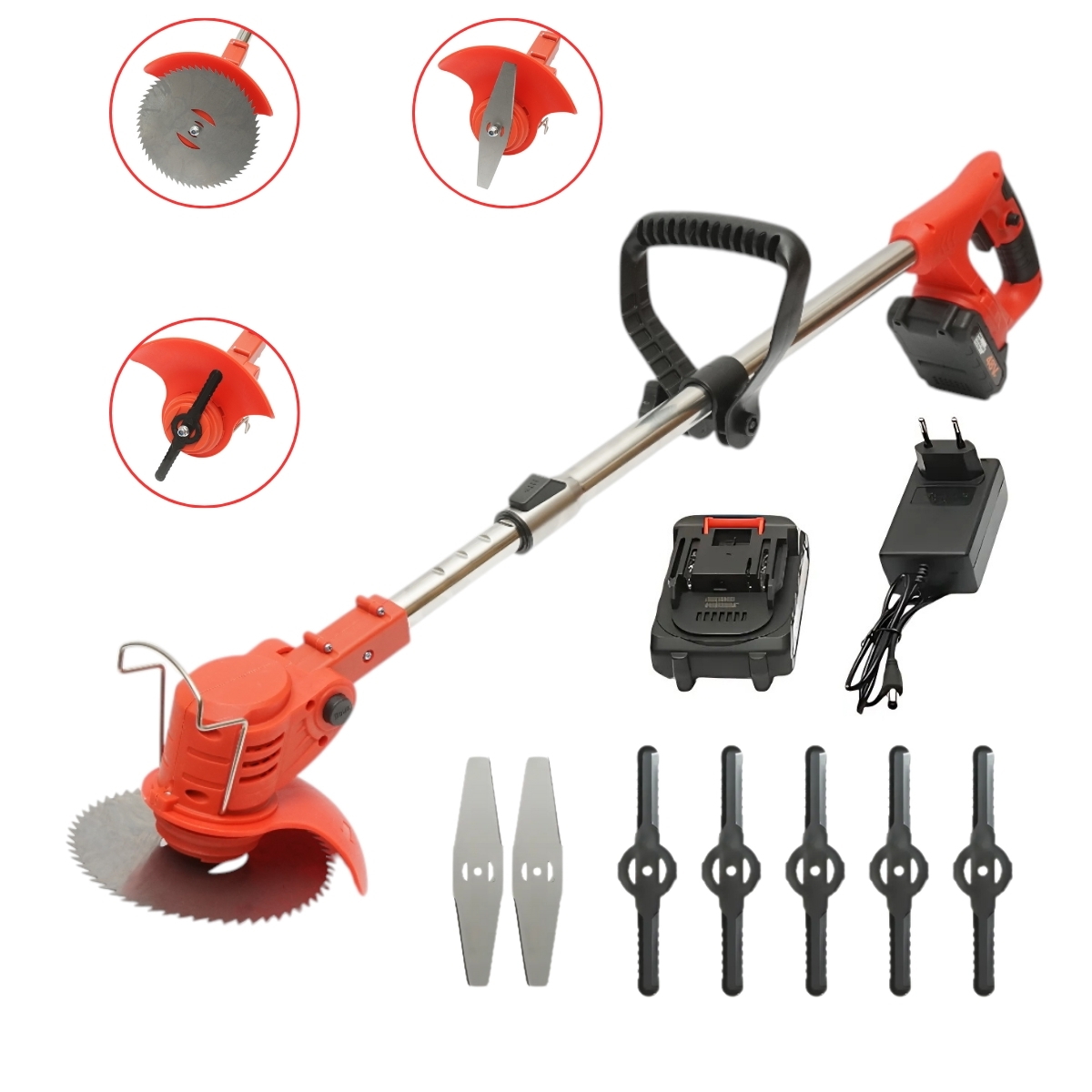 Motocoasa electrica cu bara extensibila 380W, acumulator Lithium 48V 6000 mAh, autonomie 2-3 ore, incarcare 1 ora, viteza 18000 r/min, greutate 2.01 kg, tensiune incarcator 100-240 V, accesorii incluse