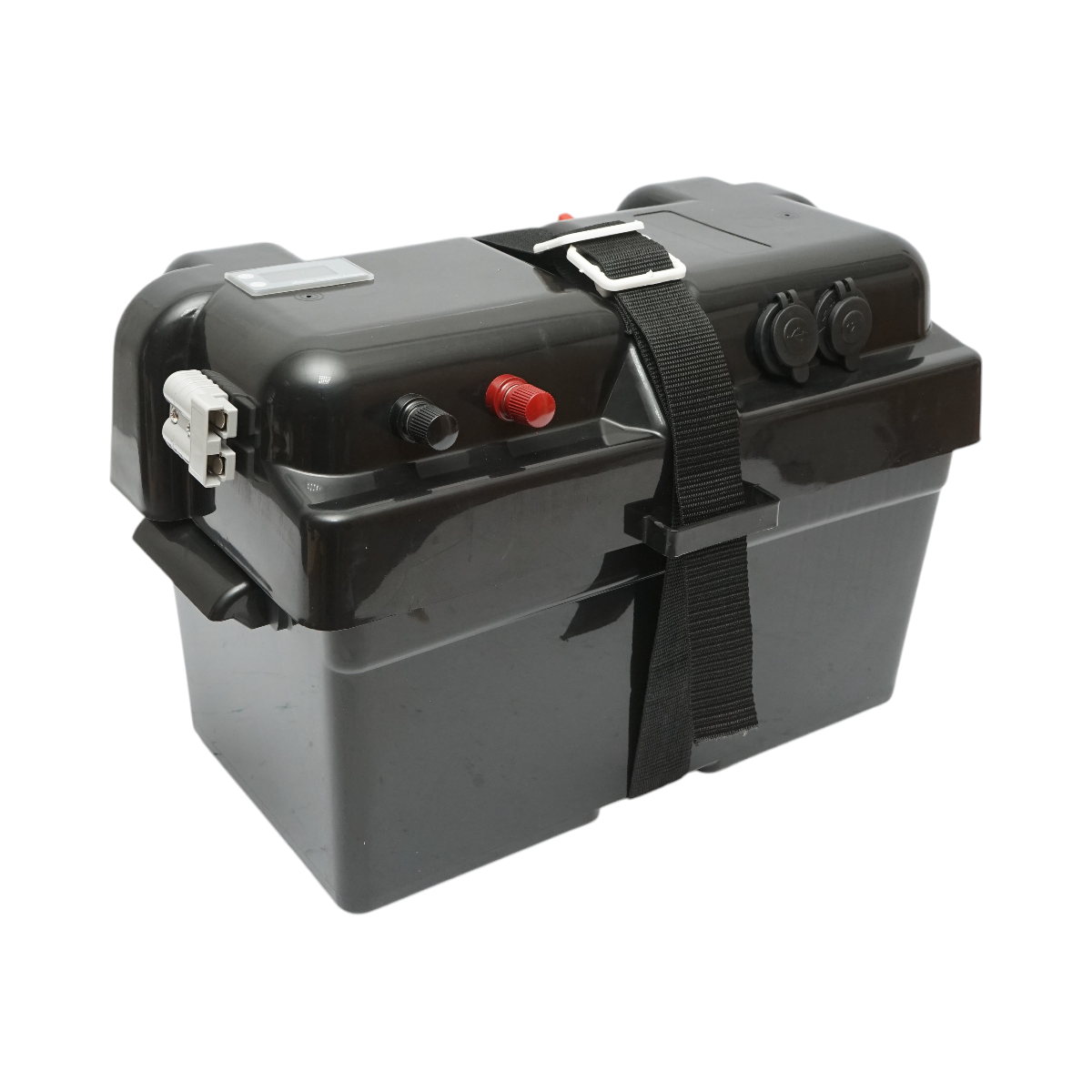 Cutie baterie auto 12V cu voltmetru DC 6-30V, intrerupator alimentare 100A, priza bricheta, afisaj LCD, 2xUSB 350x180x200mm