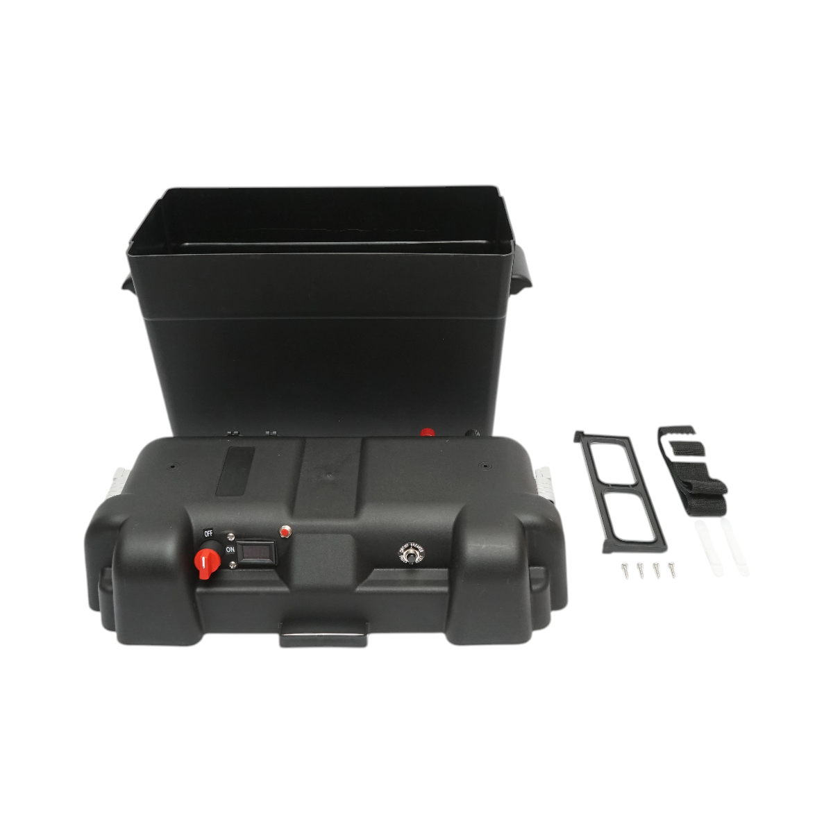 Cutie baterie auto cu voltmetru 12V, intrerupator alimentare 100A, siguranta 30A, priza bricheta, afisaj LCD, 2xUSB 360x180x235mm