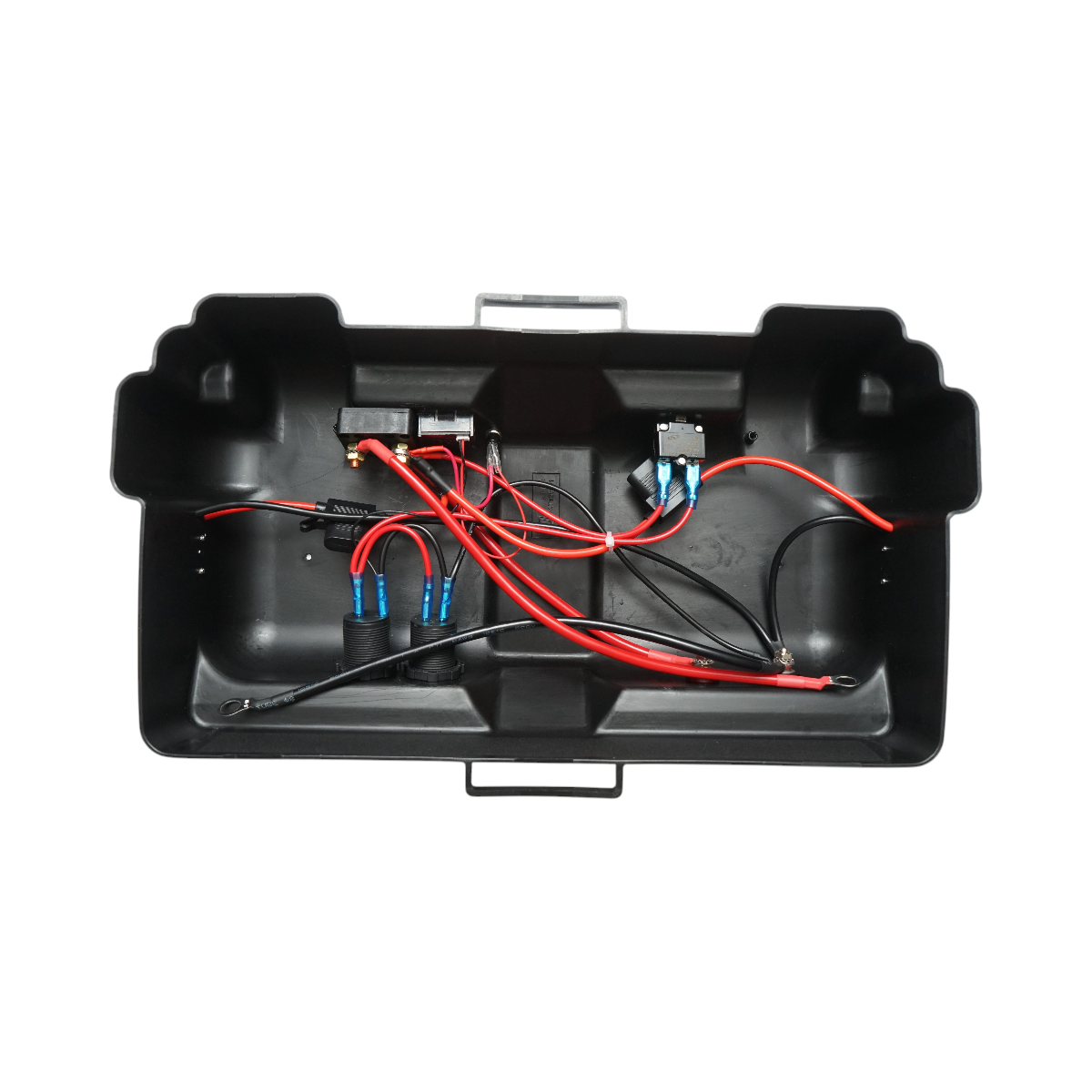 Cutie baterie auto cu voltmetru 12V, intrerupator alimentare 100A, siguranta 30A, priza bricheta, afisaj LCD, 2xUSB 360x180x235mm