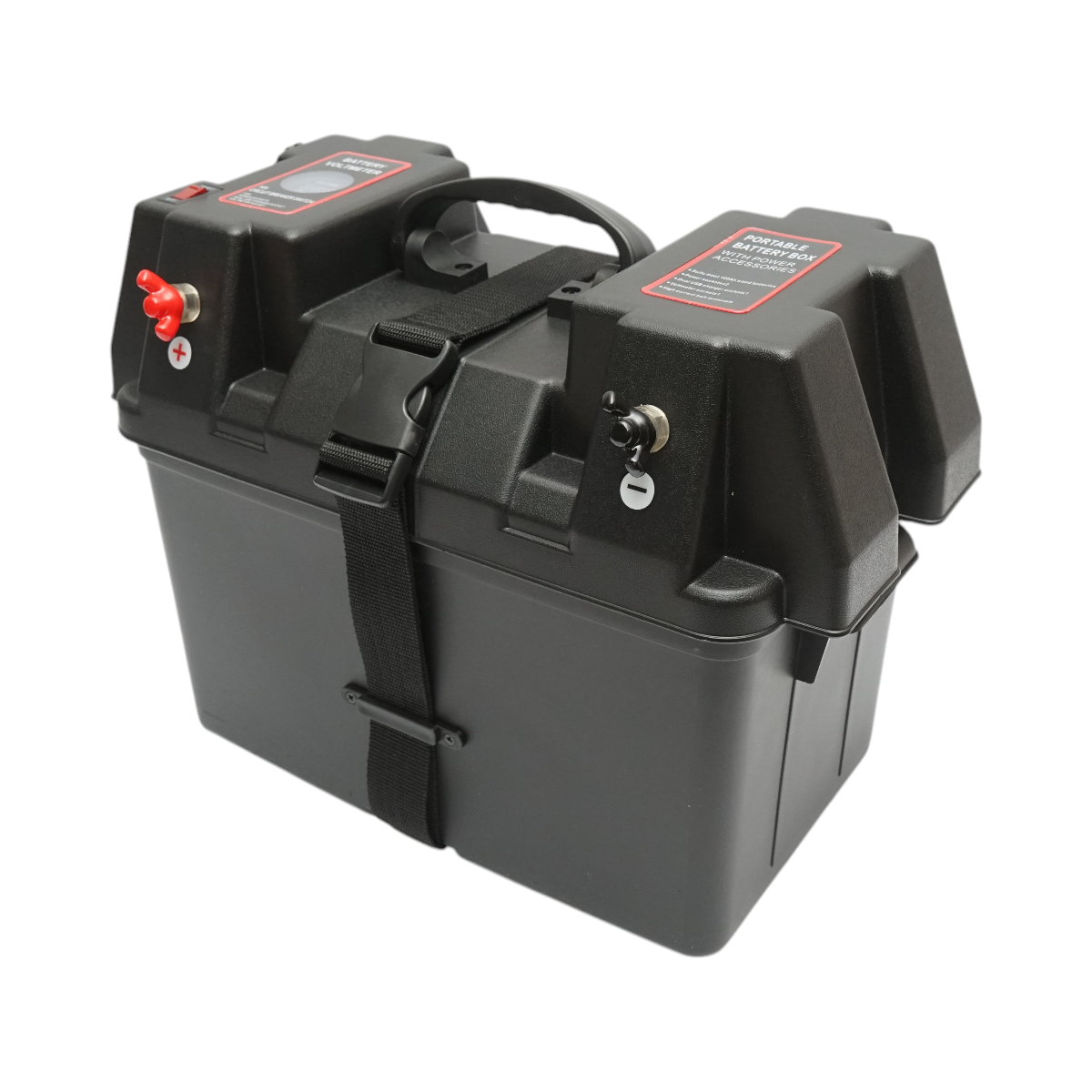 Cutie baterie auto 12V cu voltmetru DC 6-36V, intrerupator cirucit 16A, 2 prize bricheta, afisaj LCD, 2xUSB 340x195x200mm