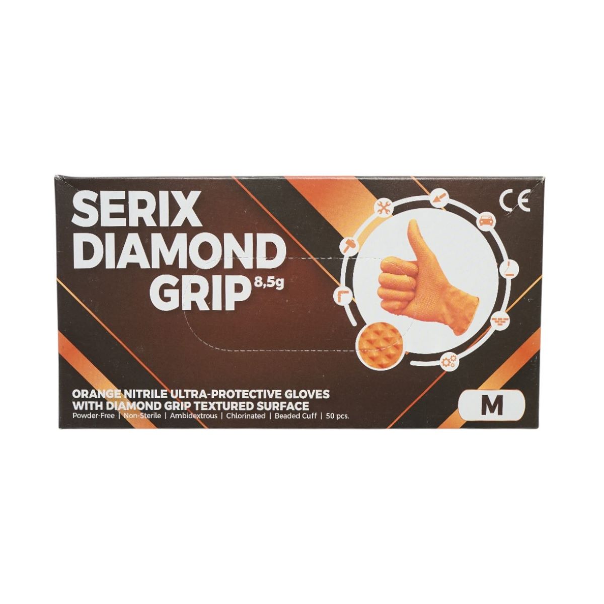 Manusi din nitril portocalii nepudrate cu textura diamond grip, marimea M 50 buc/cutie