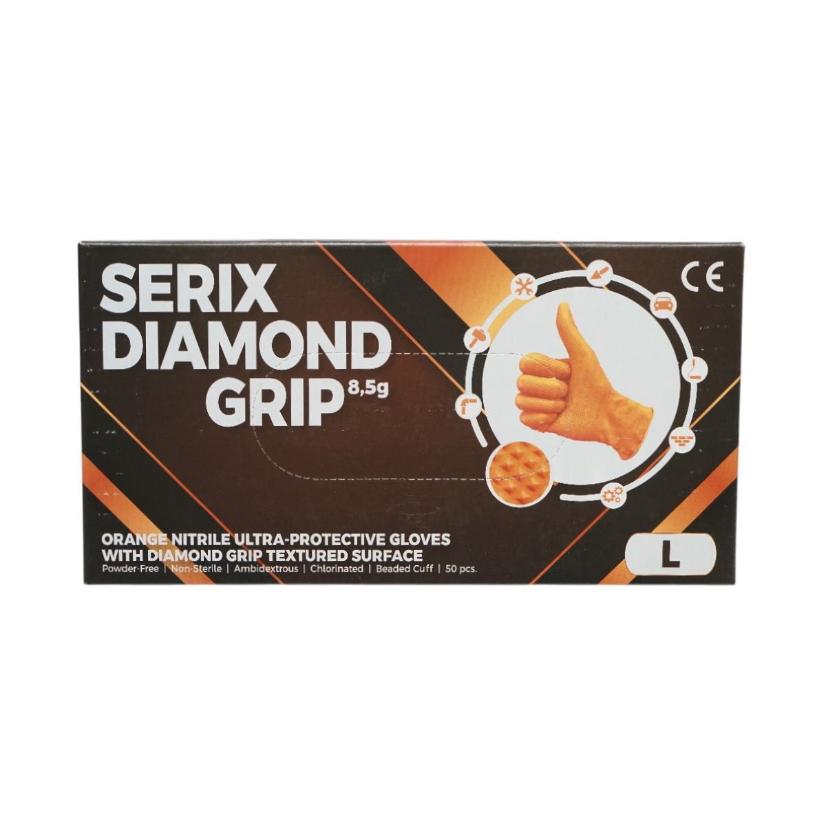 Manusi din nitril portocalii nepudrate cu textura diamond grip, marimea L 50 buc/cutie