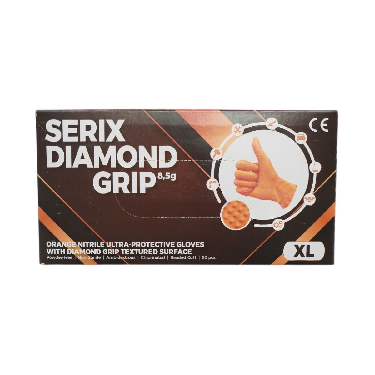 Manusi din nitril portocalii nepudrate cu textura diamond grip, marimea XL 50 buc/cutie