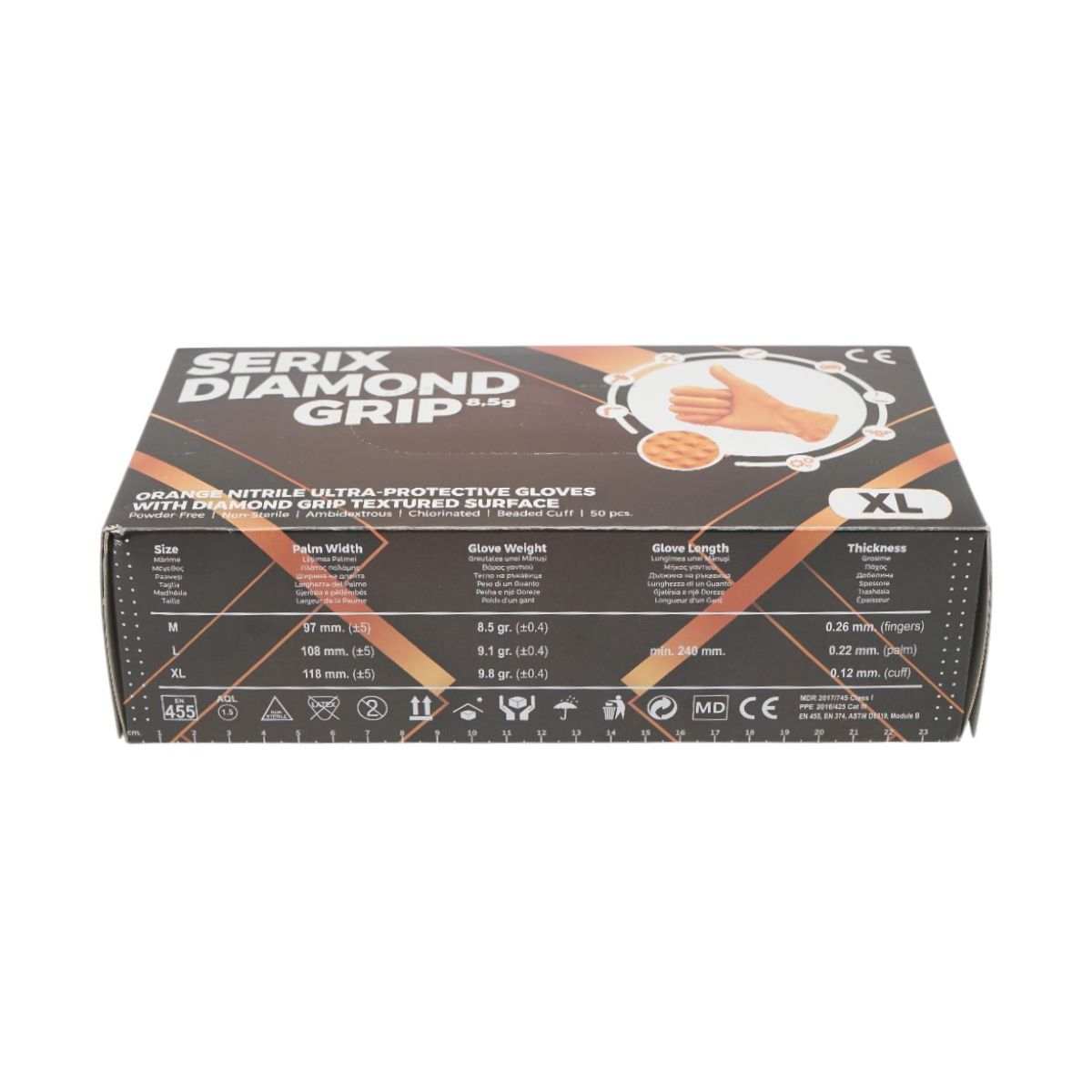Manusi nitril portocalii nepudrate Diamond Grip marimea XL, 50 buc/cutie, latime palma 118 mm, lungime min 240 mm, grosime degete 0.26 mm, palma 0.22 mm, manseta 0.12 mm